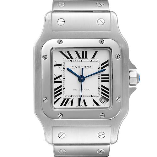 The image shows a Cartier Santos W20098D6 men's watch from the front, displaying its square face with Roman numerals, blue hands, and a polished metal bracelet.