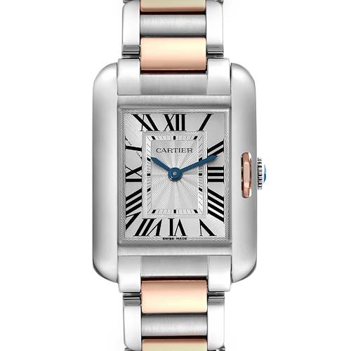 This image shows a front view of the Cartier Tank Anglaise W5310036 Women's Steel and Gold (two tone) Silver Dial W5310036 Women's Steel and Gold (two tone) Silver Dial watch, highlighting the dial, hands, and part of the bracelet.