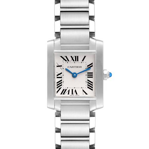 This Cartier Tank Francaise W51008Q3 Women's Stainless Steel Silver Dial W51008Q3 Women's Stainless Steel Silver Dial watch is shown from the front, highlighting its square face, Roman numerals, and metal bracelet.