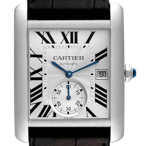 This is a frontal view of the Cartier Tank MC W5330003 Men's Stainless Steel Silver Dial W5330003 Men's Stainless Steel Silver Dial watch displaying its face, including Roman numerals, date window, and subdial.
