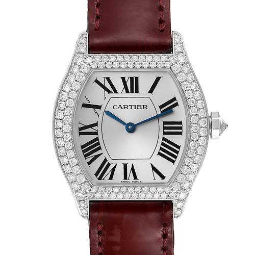 The image shows a frontal view of a Cartier Tortue 2644 Women's White Gold Silver Dial 2644 Women's White Gold Silver Dial watch, highlighting its face, bezel, and part of the strap.