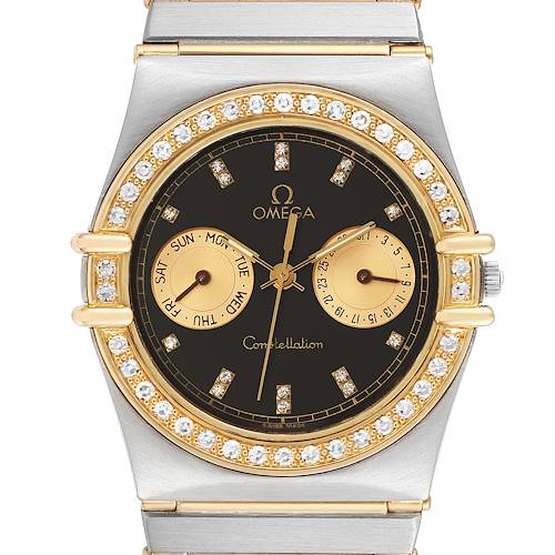 The Omega Constellation Men's Steel and Gold (two tone) Black Dial Men's Steel and Gold (two tone) Black Dial watch is shown from a front angle, displaying its face, bezel, crown, and part of the bracelet.