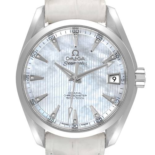 The image shows a frontal view of the Omega Aqua Terra 231.13.42.21.02.001 Men's Stainless Steel Mother of Pearl Dial 231.13.42.21.02.001 Men's Stainless Steel Mother of Pearl Dial watch, highlighting the dial, hands, bezel, crown, and part of the strap.