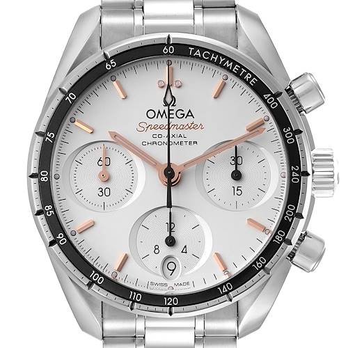 The image shows a front view of an Omega Speedmaster 324.30.38.50.02.001 Men's Stainless Steel Silver Dial 324.30.38.50.02.001 Men's Stainless Steel Silver Dial watch, highlighting the dial, subdials, bezel, and part of the bracelet.