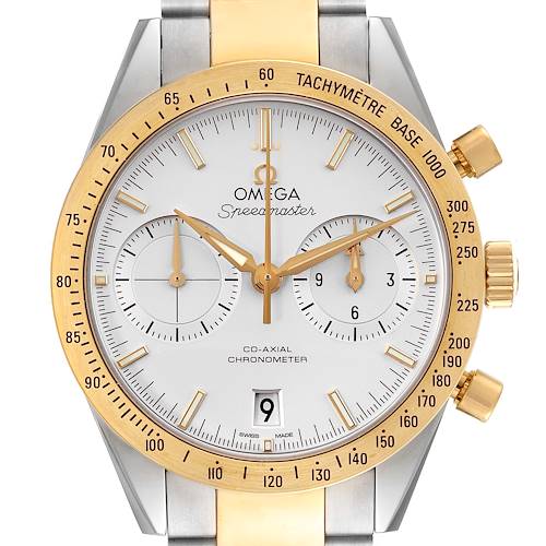 The image shows a front view of the Omega Speedmaster 331.20.42.51.02.001 Men's Steel and Gold (two tone) Silver Dial 331.20.42.51.02.001 Men's Steel and Gold (two tone) Silver Dial watch, highlighting its dial, subdials, date window, bezel, and crown.