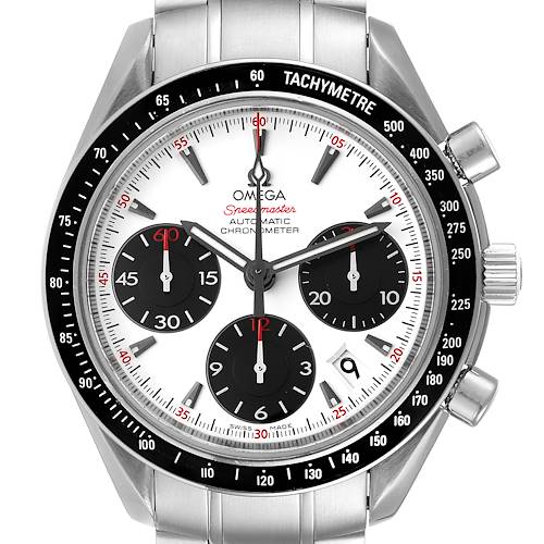 The image shows a front-angle view of an Omega Speedmaster 323.30.40.40.04.001 Men's Stainless Steel White Dial 323.30.40.40.04.001 Men's Stainless Steel White Dial watch, highlighting the face, subdials, bezel, and part of the bracelet.