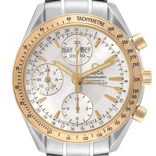 The image shows a front view of an Omega Speedmaster 323.21.40.44.02.001 Men's Steel and Gold (two tone) Silver Dial 323.21.40.44.02.001 Men's Steel and Gold (two tone) Silver Dial watch, highlighting its gold tachymeter bezel, chronograph subdials, and date indicators.