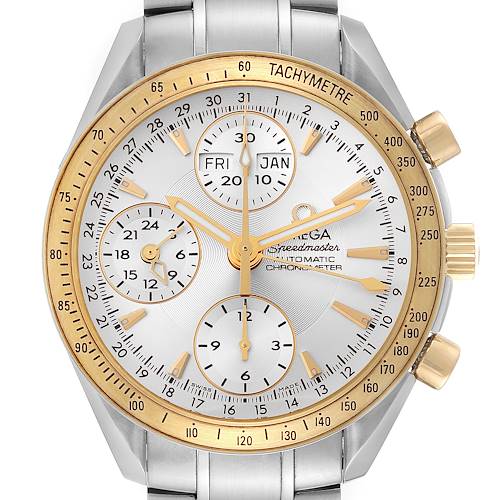 This is a front view of an Omega Speedmaster 323.21.40.44.02.001 Men's Steel and Gold (two tone) Silver Dial 323.21.40.44.02.001 Men's Steel and Gold (two tone) Silver Dial watch, showing the dial, subdials, bezel, and part of the bracelet.