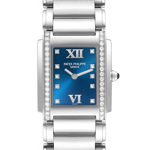 This is a front view of the Patek Philippe Twenty-4 4910/10A-012 Women's Stainless Steel Blue Dial 4910/10A-012 Women's Stainless Steel Blue Dial watch showing the face, dial, and bracelet.