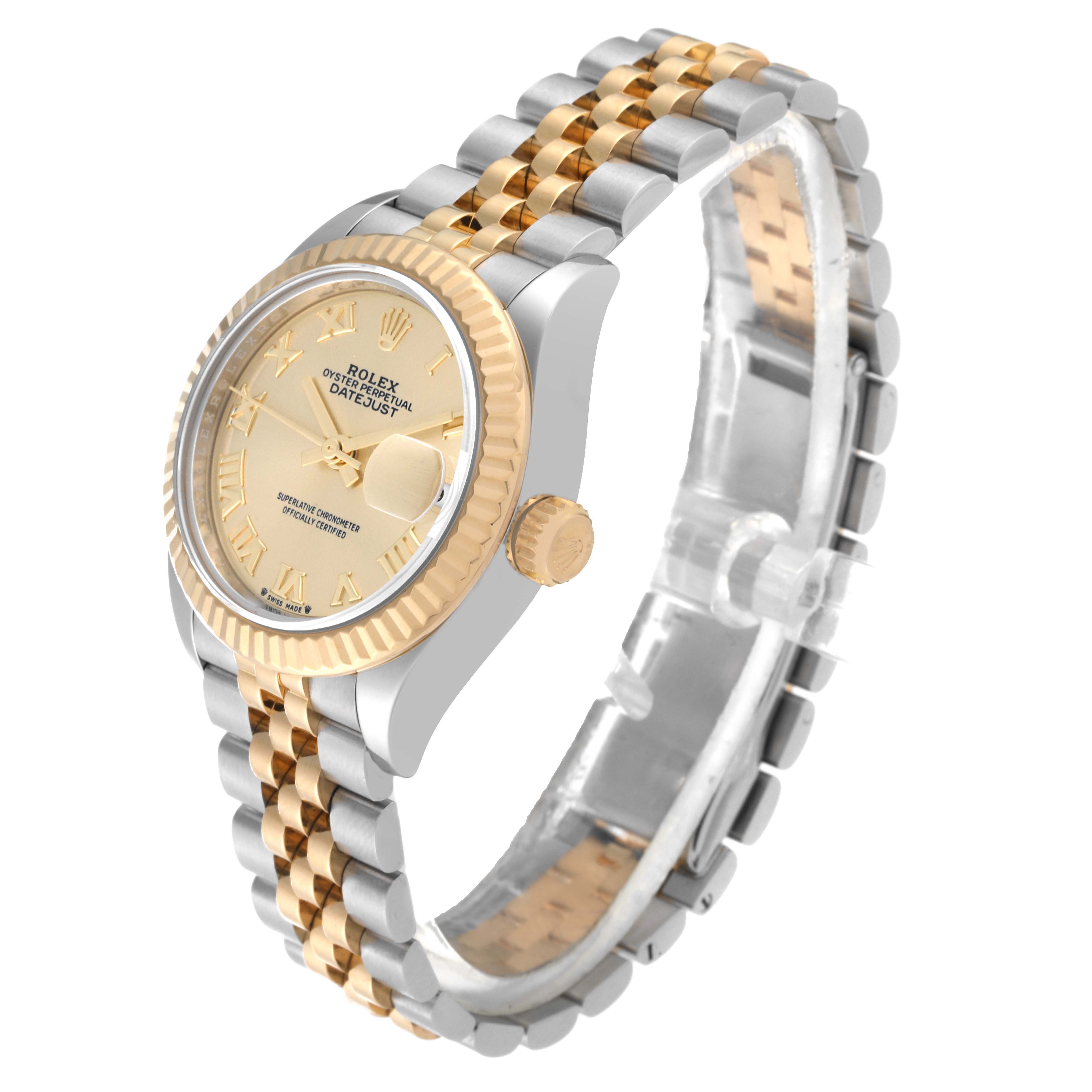 This image shows a Rolex Datejust 279173 Women's Steel and Gold (two tone) Champagne Dial 279173 Women's Steel and Gold (two tone) Champagne Dial watch from a three-quarter angle, highlighting its face, casing, and two-tone bracelet.