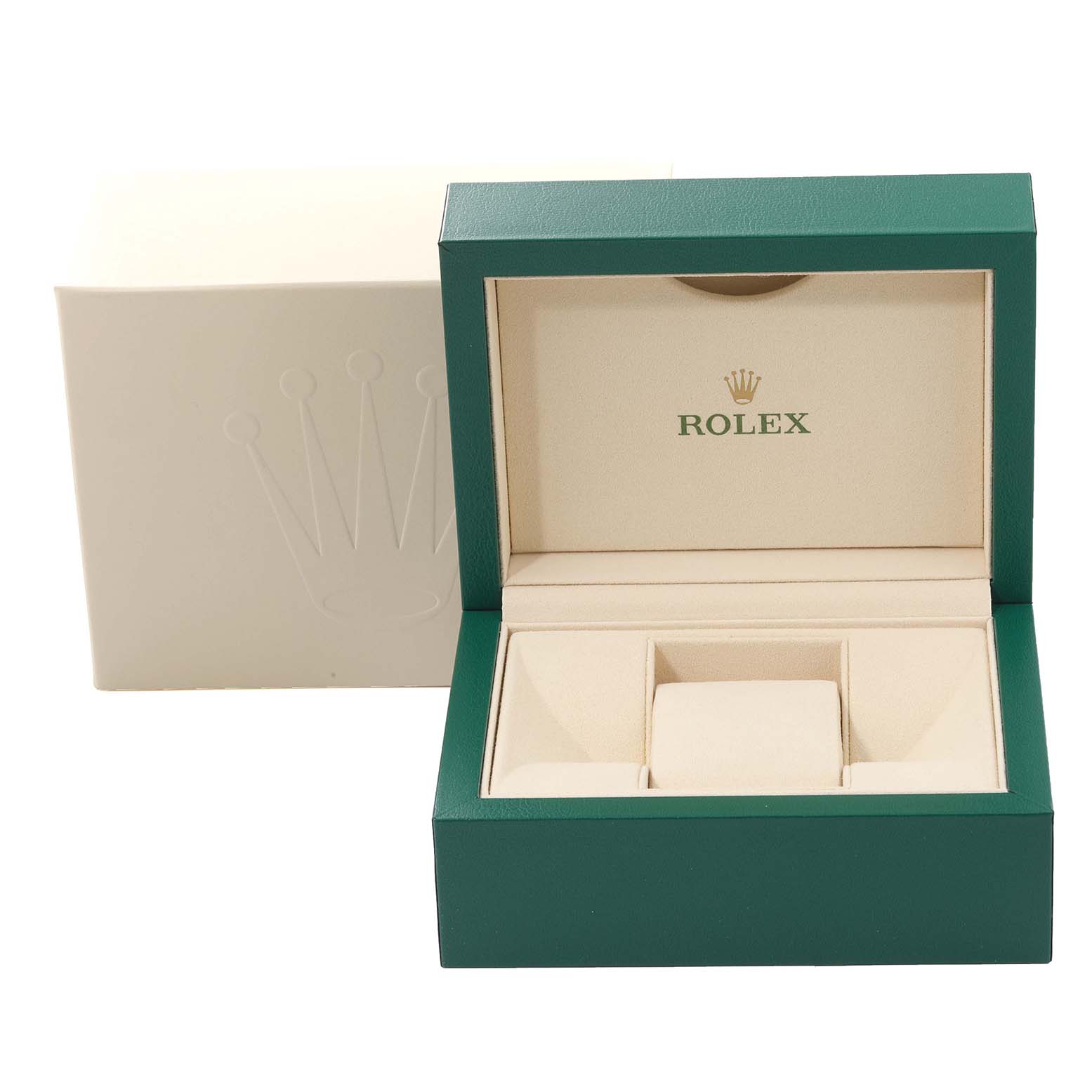 The image shows an open green and beige Rolex Datejust 279173 Women's Steel and Gold (two tone) Champagne Dial 279173 Women's Steel and Gold (two tone) Champagne Dial watch box with the outer white box in the background.
