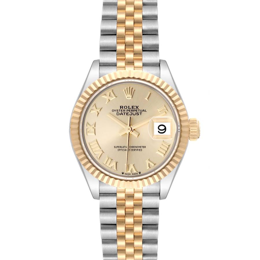 The image shows a front view of the Rolex Datejust 279173 Women's Steel and Gold (two tone) Champagne Dial 279173 Women's Steel and Gold (two tone) Champagne Dial watch, highlighting its gold bezel, dial, and two-tone bracelet.