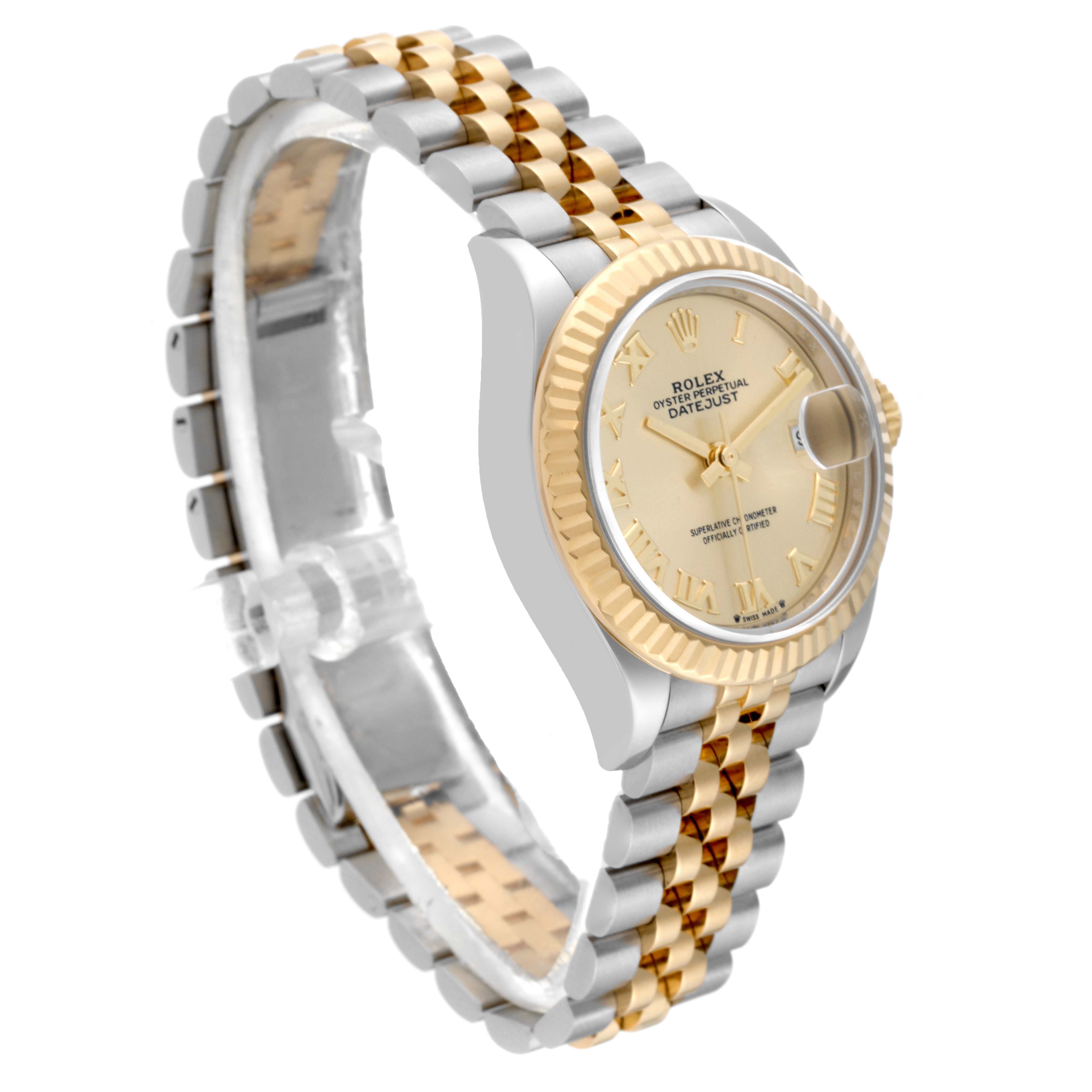 The Rolex Datejust 279173 Women's Steel and Gold (two tone) Champagne Dial 279173 Women's Steel and Gold (two tone) Champagne Dial model watch is shown at an angle highlighting its face, bezel, and two-tone bracelet.