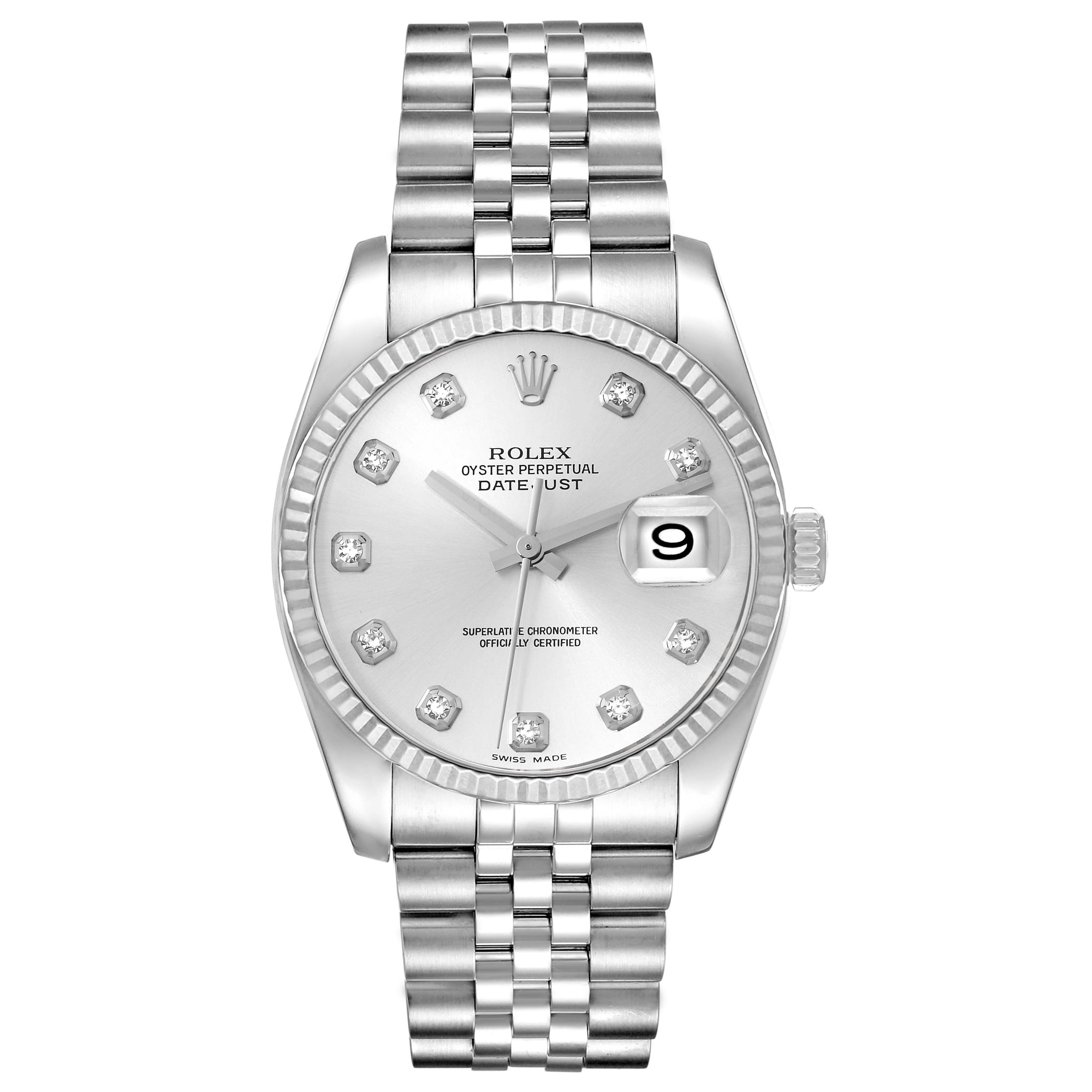 The image shows a Rolex Datejust 116234 Men's Stainless Steel Silver Dial 116234 Men's Stainless Steel Silver Dial watch from the front, displaying the dial, hands, date window, and bracelet.