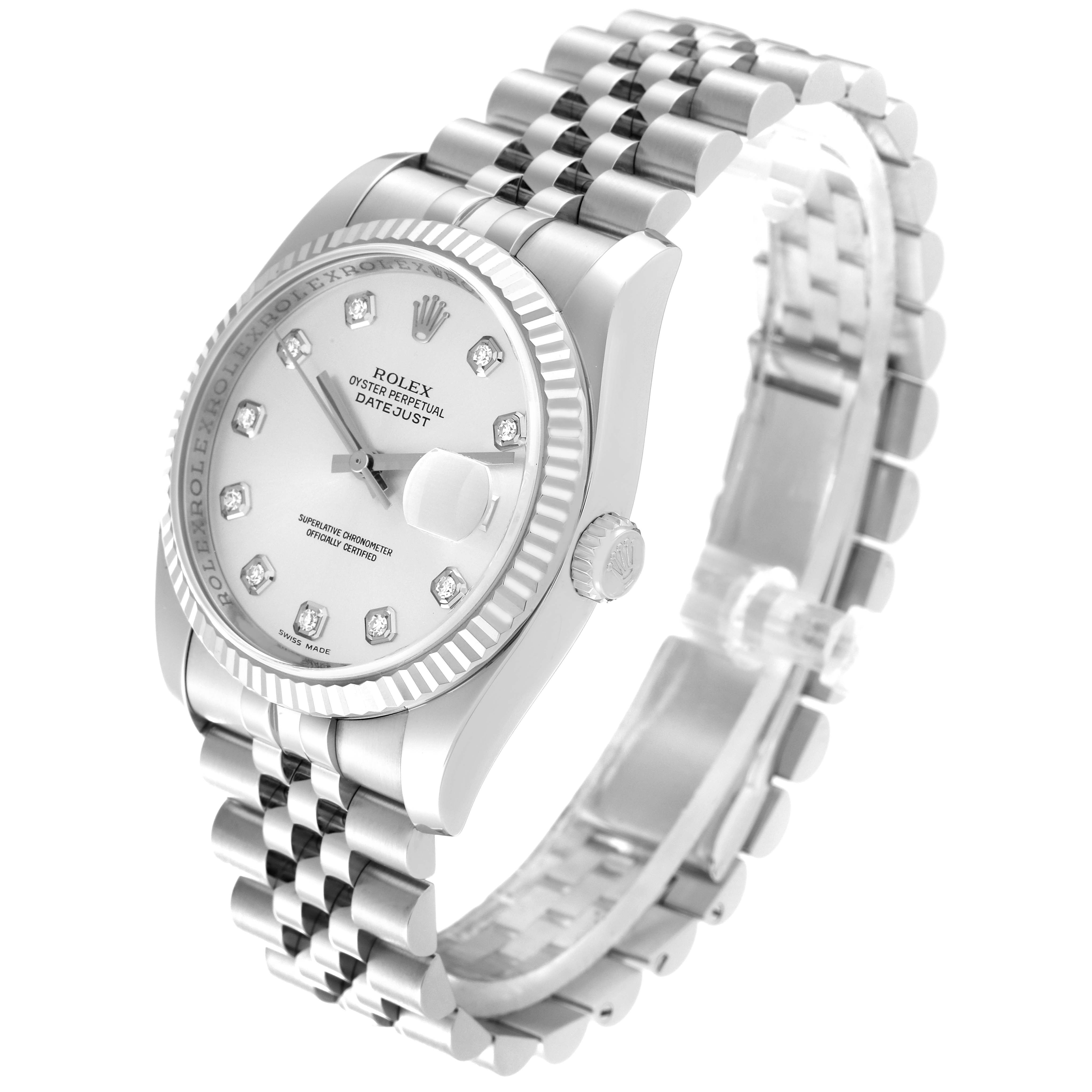 This image shows a Rolex Datejust 116234 Men's Stainless Steel Silver Dial 116234 Men's Stainless Steel Silver Dial watch from a three-quarter perspective, highlighting the face, bezel, crown, and bracelet.