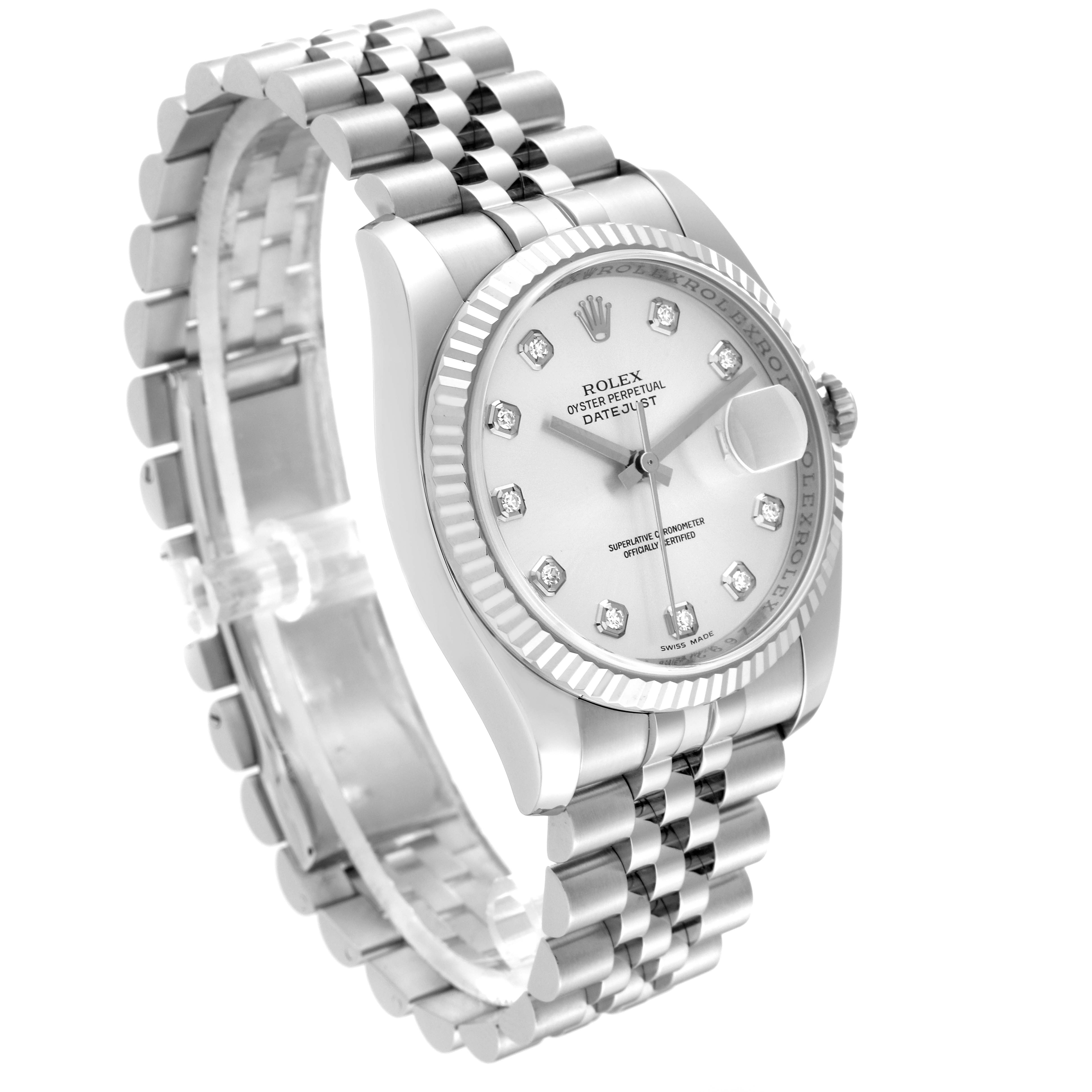 The image shows a Rolex Datejust 116234 Men's Stainless Steel Silver Dial 116234 Men's Stainless Steel Silver Dial watch at a three-quarter angle, highlighting its dial, bezel, crown, and Jubilee bracelet.
