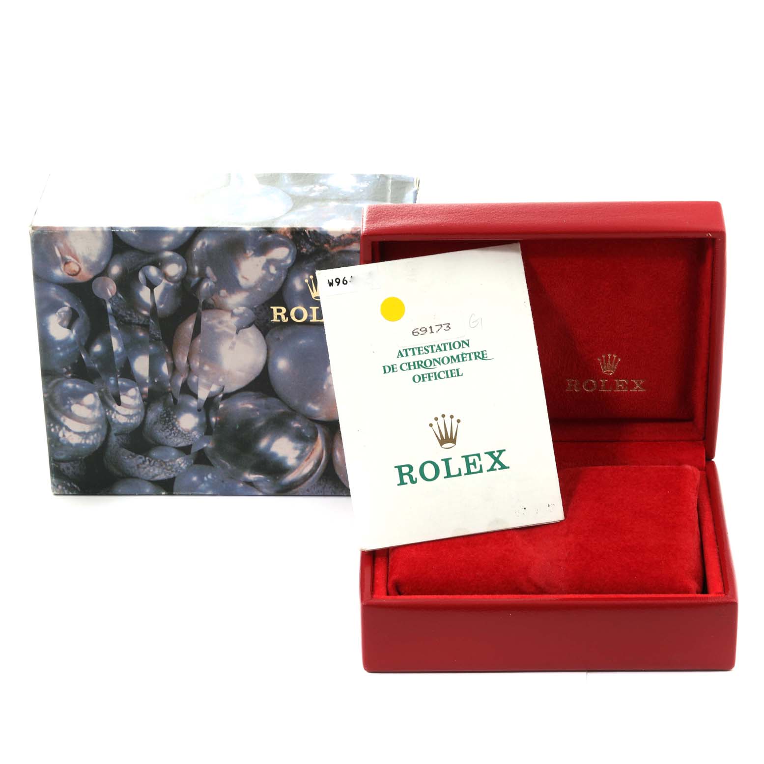 The image shows a red Rolex Datejust 69173 Women's Steel and Gold (two tone) Champagne Dial 69173 Women's Steel and Gold (two tone) Champagne Dial watch box and certificate, alongside a decorative outer box.