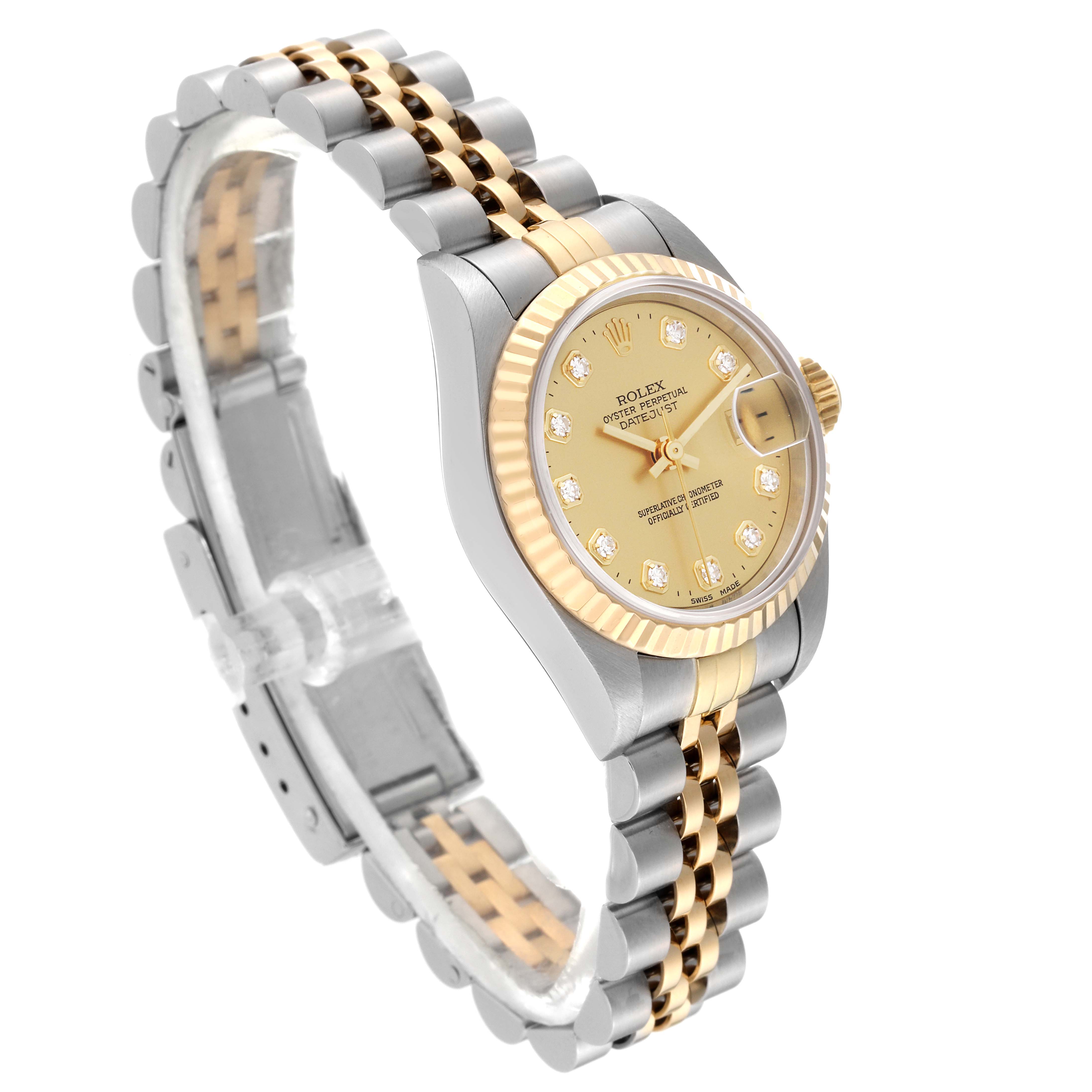 The image shows a Rolex Datejust 69173 Women's Steel and Gold (two tone) Champagne Dial 69173 Women's Steel and Gold (two tone) Champagne Dial watch at a three-quarter angle, highlighting its dial, fluted bezel, and two-tone bracelet.