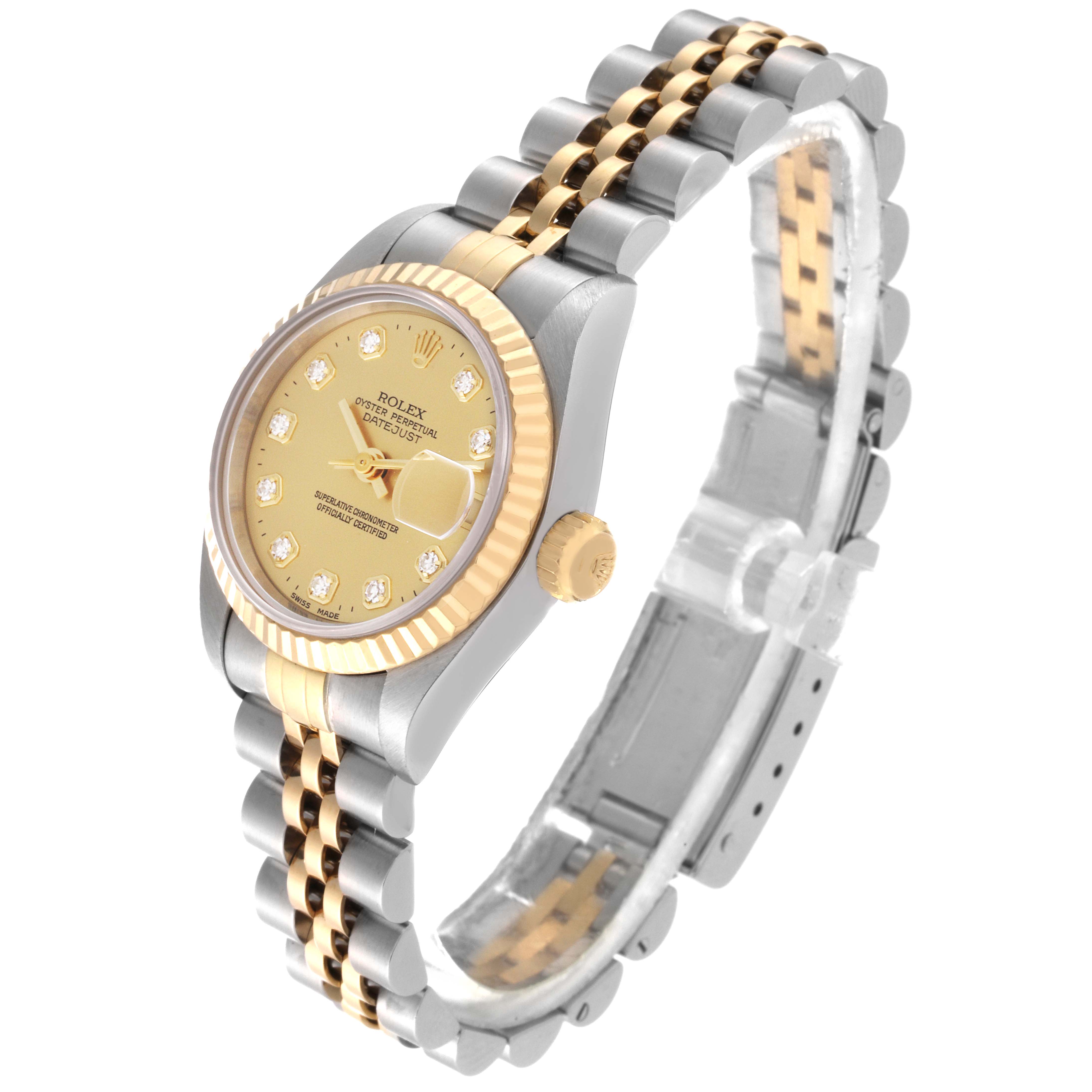 The Rolex Datejust 69173 Women's Steel and Gold (two tone) Champagne Dial 69173 Women's Steel and Gold (two tone) Champagne Dial watch is shown at a three-quarter angle, highlighting the dial, bezel, and two-tone bracelet.