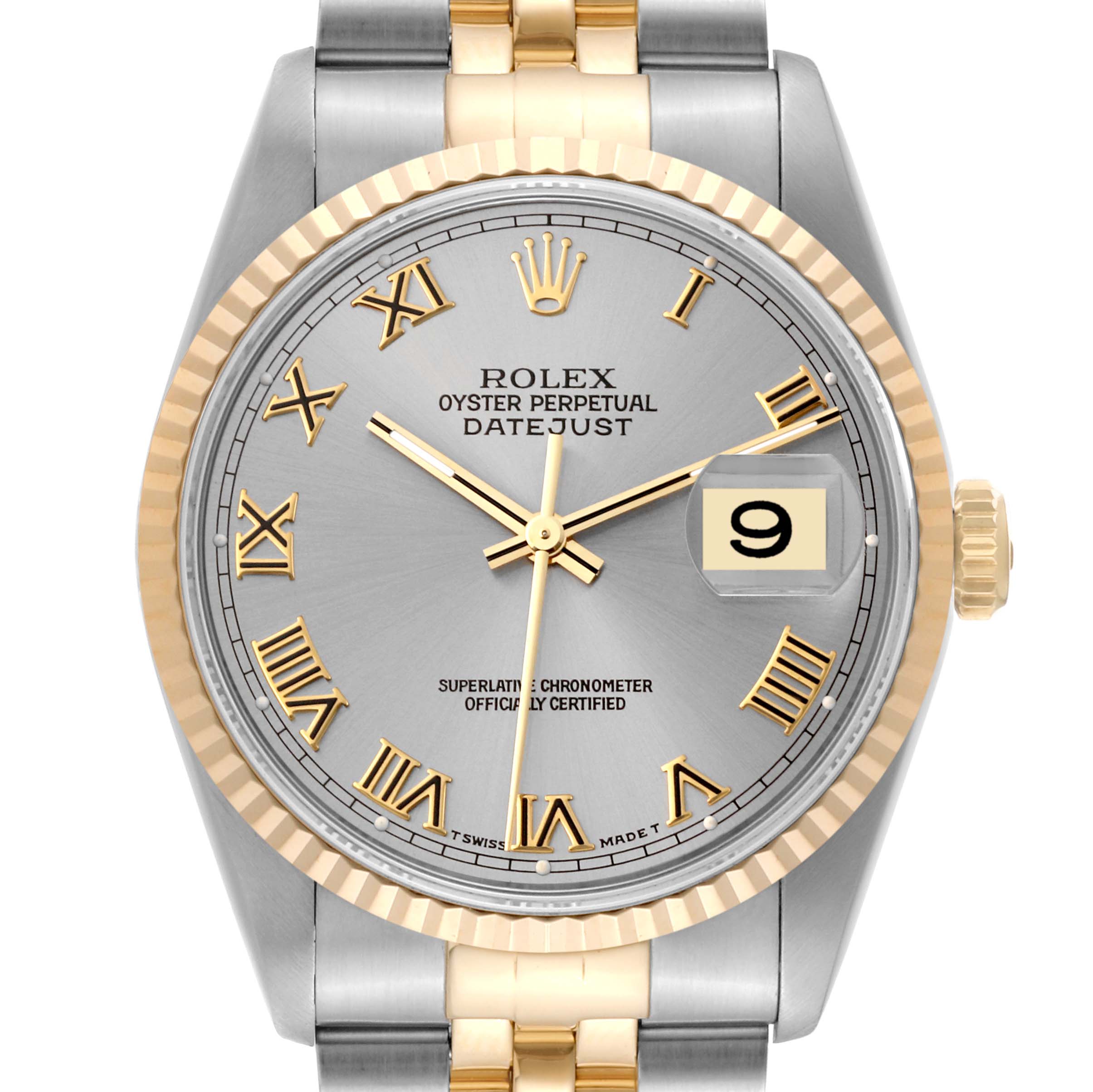 The image shows a close-up of the Rolex Datejust 16233 Men's Steel and Gold (two tone) Grey Dial 16233 Men's Steel and Gold (two tone) Grey Dial watch face, bezel, crown, and part of the bracelet.