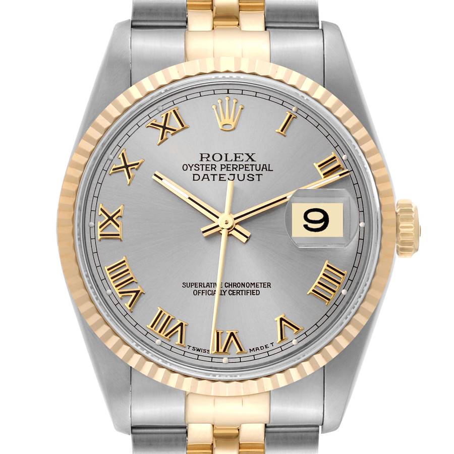 The image shows a close-up of the Rolex Datejust 16233 Men's Steel and Gold (two tone) Grey Dial 16233 Men's Steel and Gold (two tone) Grey Dial watch face, bezel, crown, and part of the bracelet.