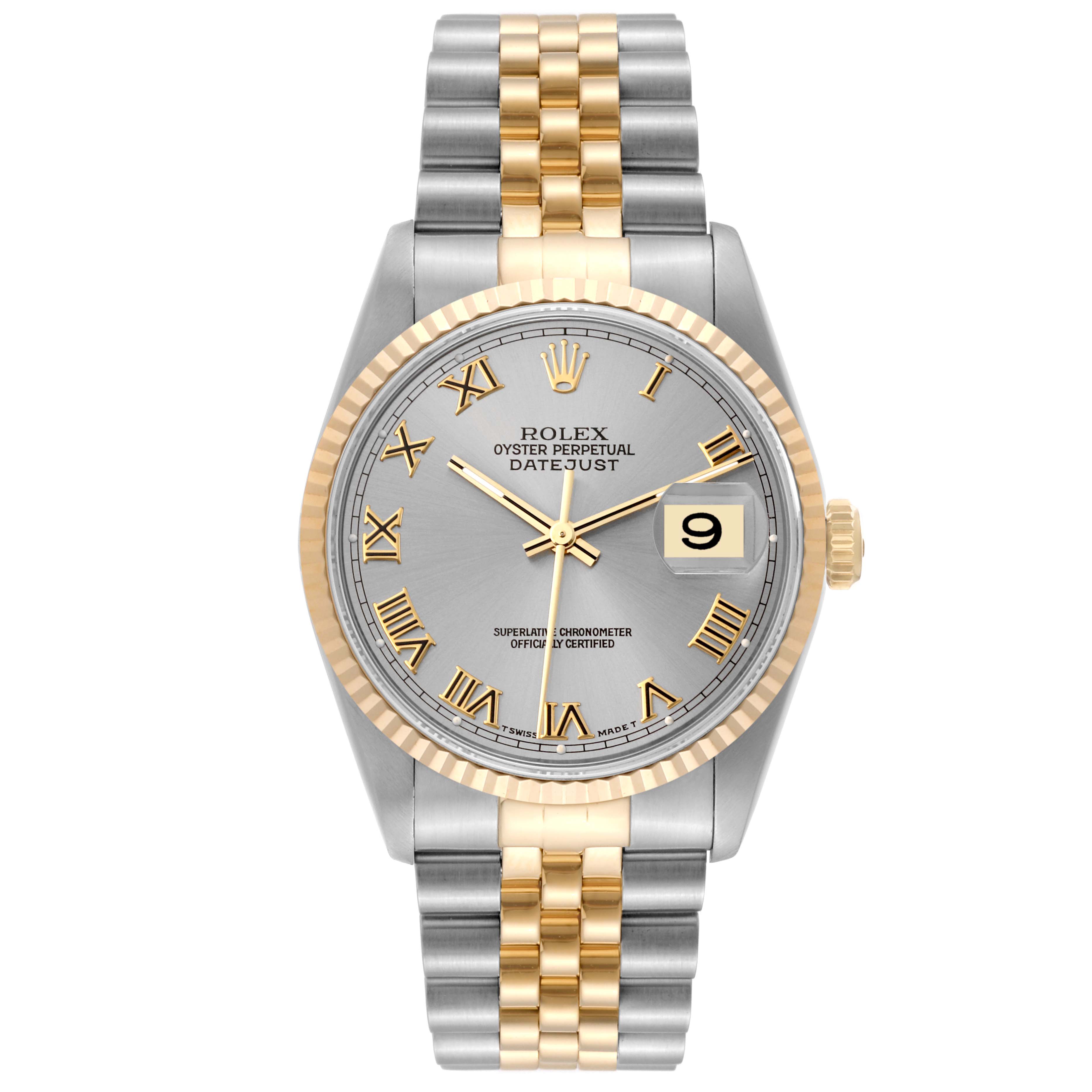 This image shows a front view of the Rolex Datejust 16233 Men's Steel and Gold (two tone) Grey Dial 16233 Men's Steel and Gold (two tone) Grey Dial watch, highlighting its dial, bezel, and two-tone bracelet.