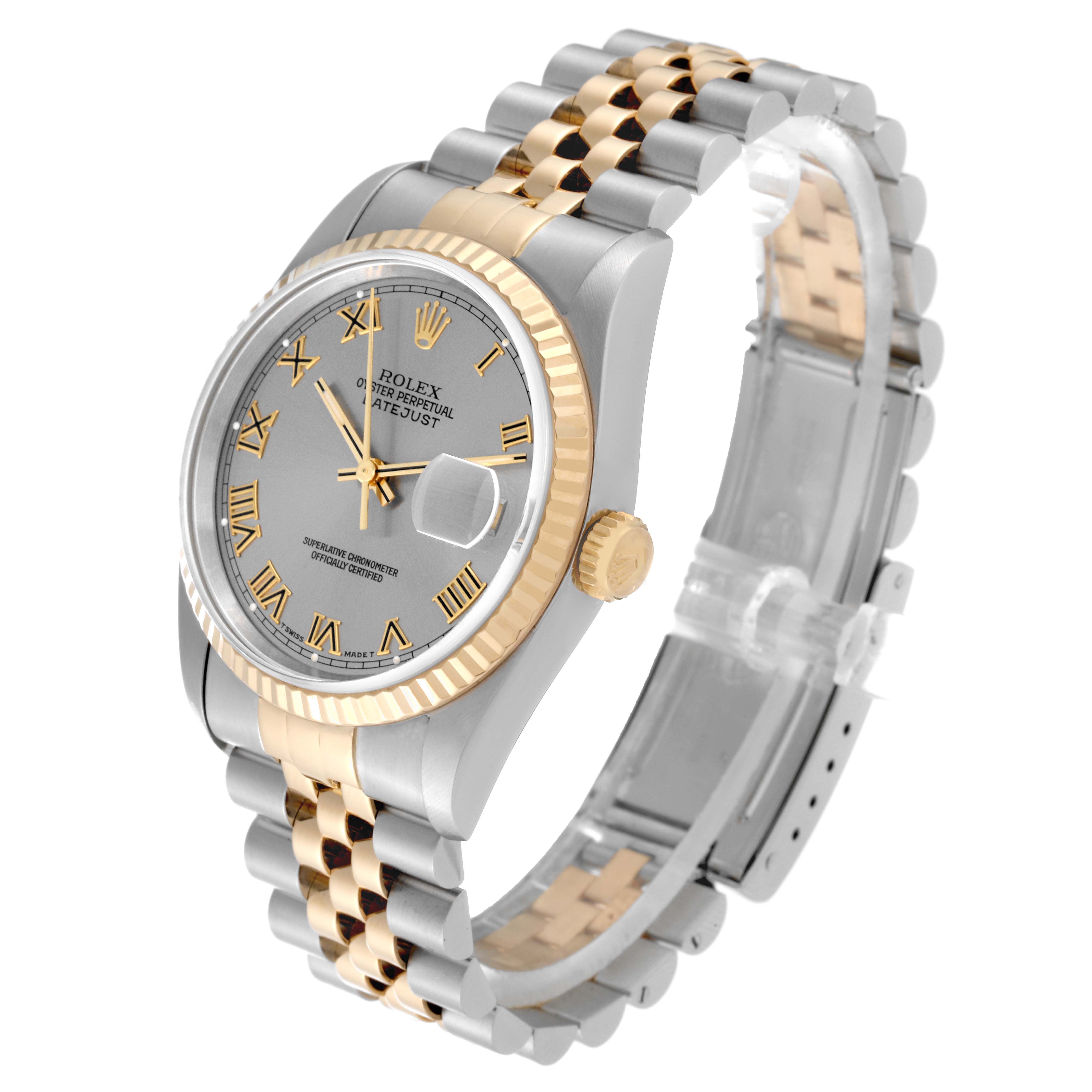 The image shows a Rolex Datejust 16233 Men's Steel and Gold (two tone) Grey Dial 16233 Men's Steel and Gold (two tone) Grey Dial watch angled to display the face, bezel, crown, and part of the bracelet.