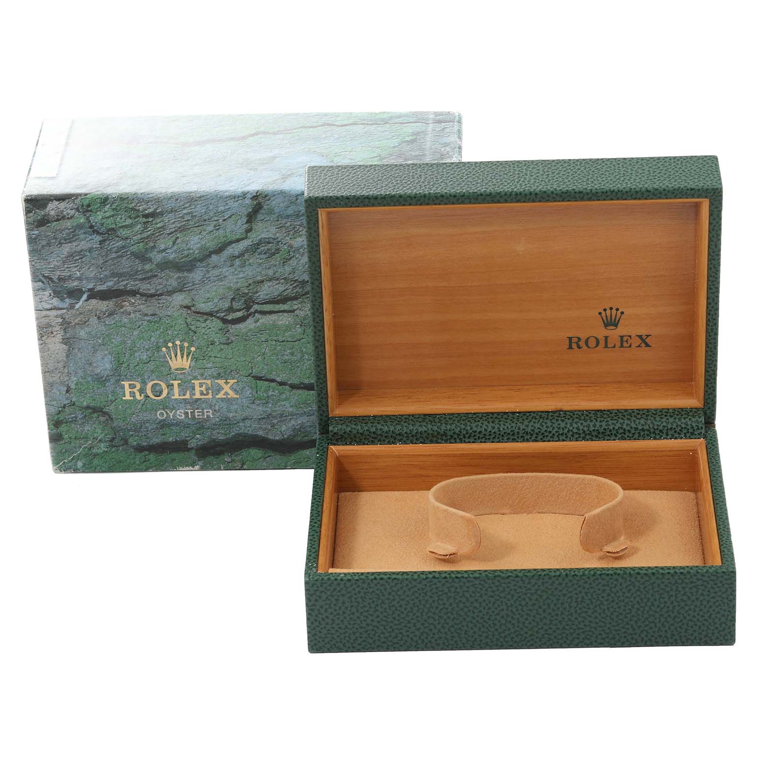 The image shows the opened packaging box and inside lining for a Rolex Datejust 16233 Men's Steel and Gold (two tone) Grey Dial 16233 Men's Steel and Gold (two tone) Grey Dial watch, with the outer box beside it.