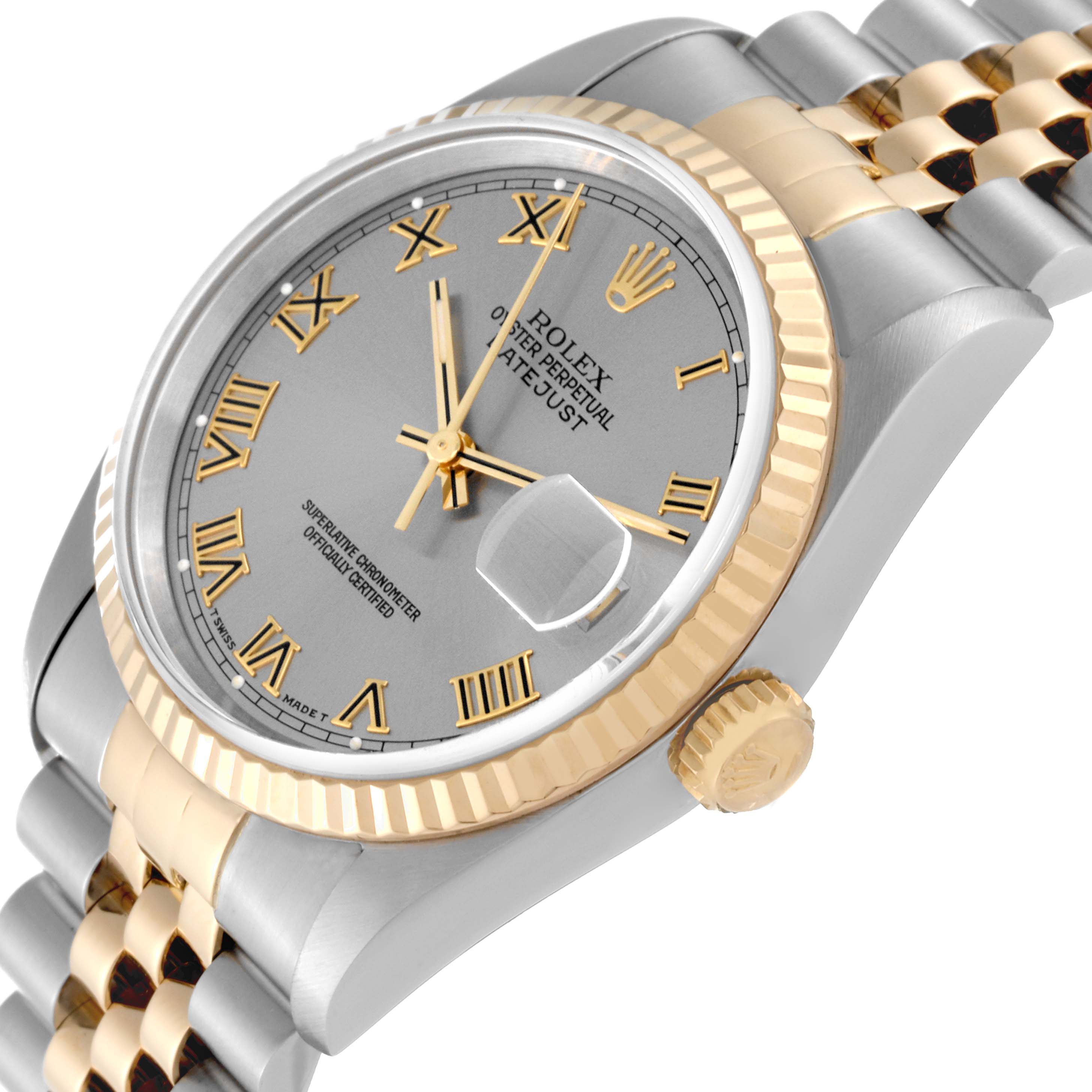 The Rolex Datejust 16233 Men's Steel and Gold (two tone) Grey Dial 16233 Men's Steel and Gold (two tone) Grey Dial watch is shown from a tilted angle, highlighting its face, bezel, crown, and part of the bracelet.