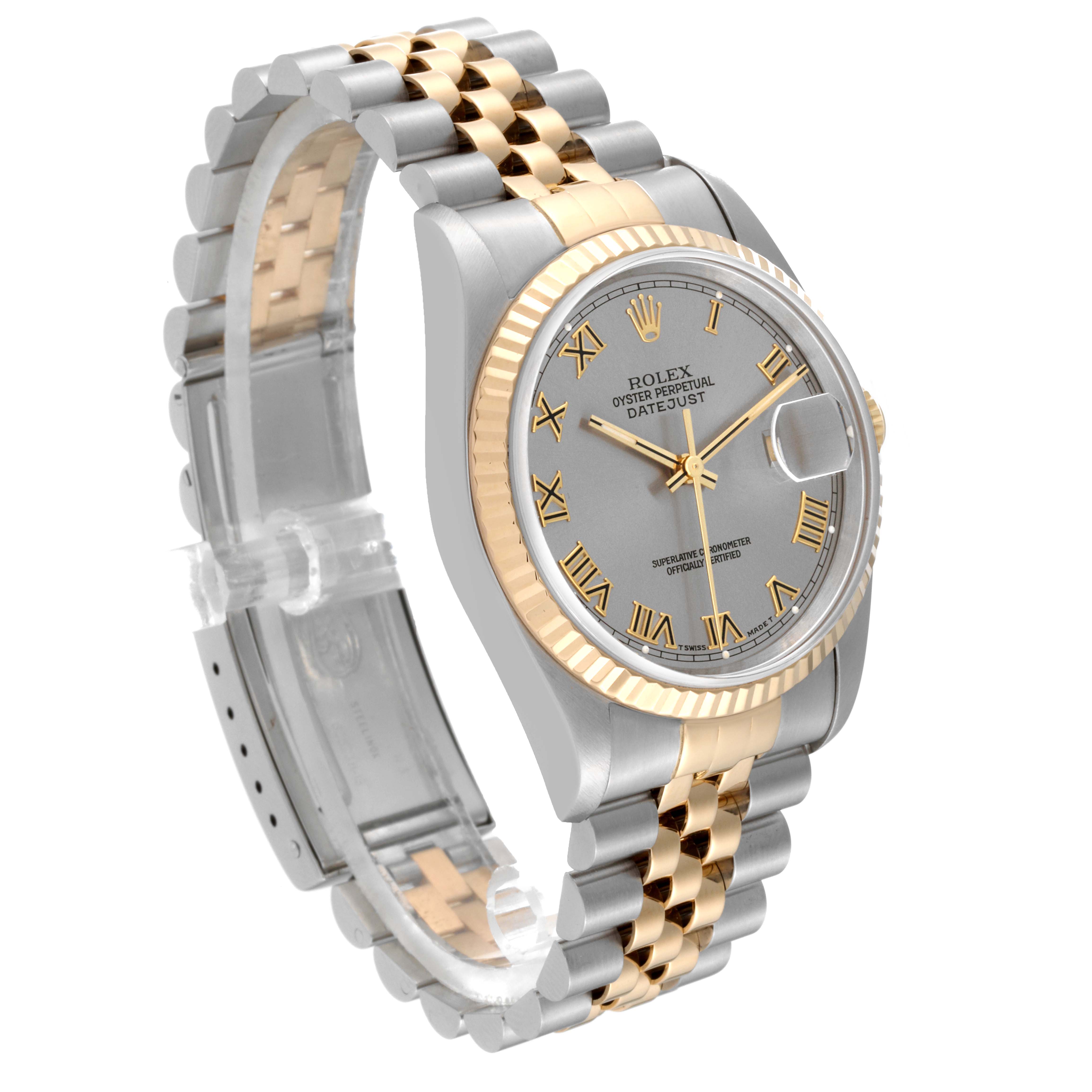 This image shows a Rolex Datejust 16233 Men's Steel and Gold (two tone) Grey Dial 16233 Men's Steel and Gold (two tone) Grey Dial watch at a three-quarter angle, highlighting its two-tone bracelet, fluted bezel, and dial.
