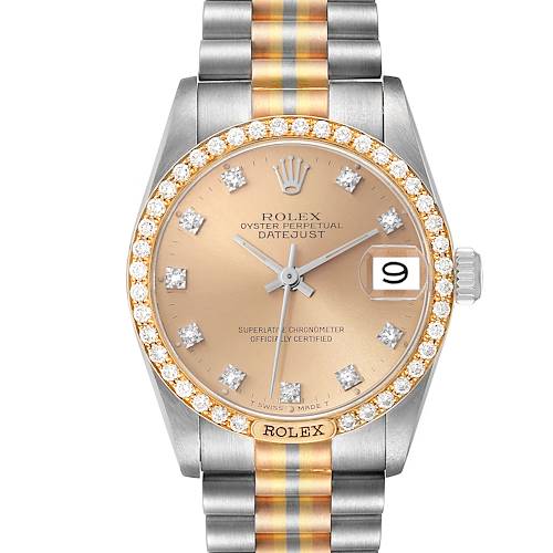 The image shows a frontal view of the Rolex President 68149 Women's White Gold Champagne Dial 68149 Women's White Gold Champagne Dial Datejust watch, highlighting its gold bezel with diamonds, champagne dial, and two-tone bracelet.