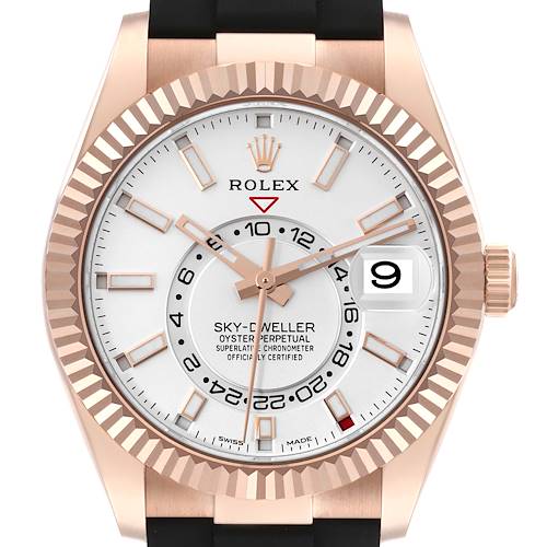 The Rolex Sky-Dweller 326235 Men's Rose Gold White Dial 326235 Men's Rose Gold White Dial watch is shown from a front angle, featuring its dial, bezel, crown, and part of the black strap.