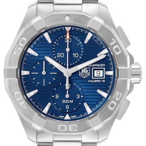 The image shows a front view of the Tag Heuer Aquaracer CAY2112.BA0927 Men's Stainless Steel Blue Dial CAY2112.BA0927 Men's Stainless Steel Blue Dial watch, detailing its blue dial and date window.