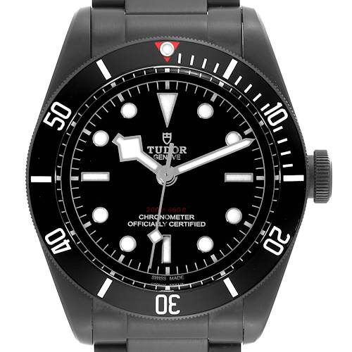 This is a front-facing view of a Tudor Heritage Black Bay 79230DK Men's Stainless Steel Black Dial 79230DK Men's Stainless Steel Black Dial watch, showcasing the dial, bezel, crown, and part of the bracelet.