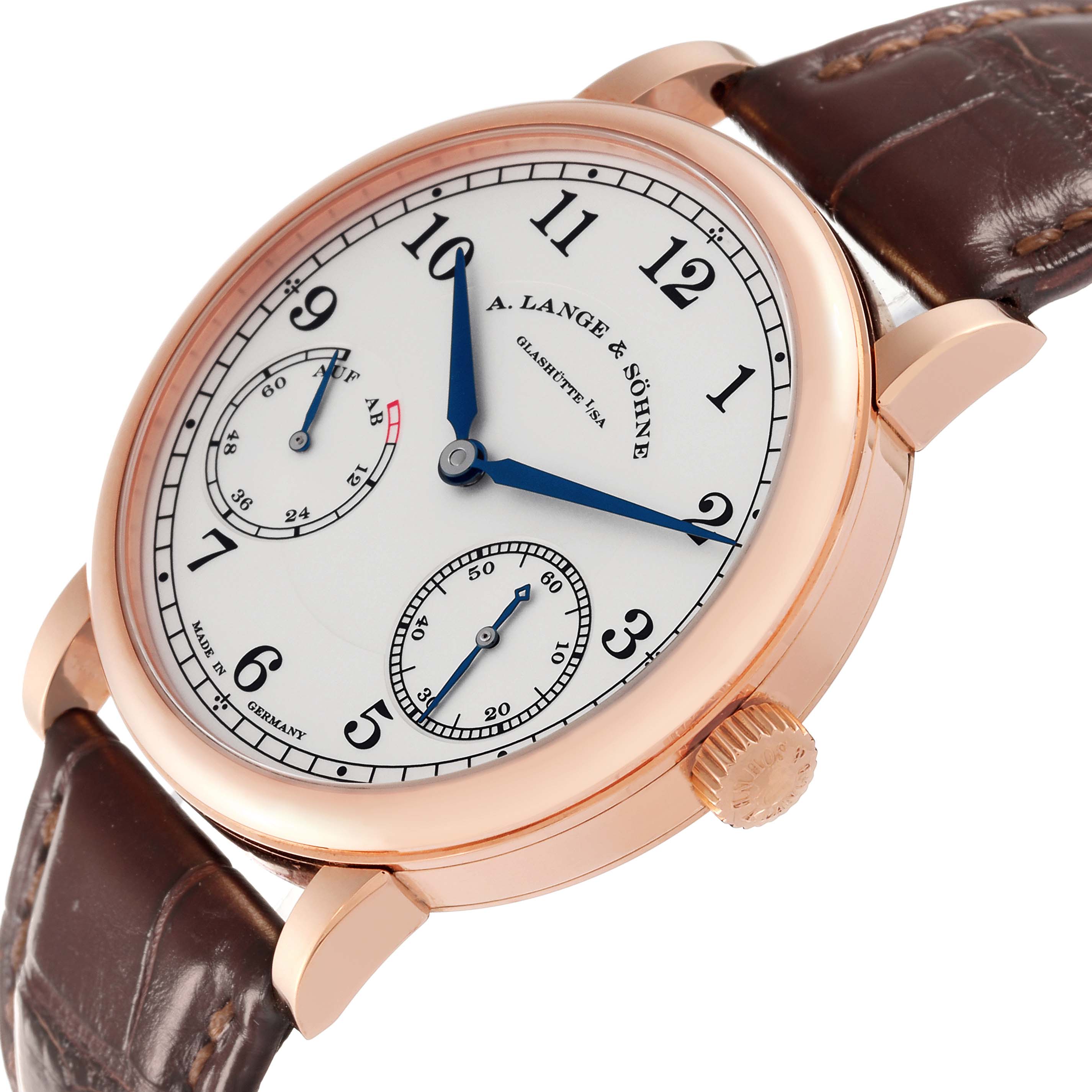 The image shows a close-up angled view of the A. Lange & Sohne 1815 234.032 Men's Rose Gold Silver Dial watch, highlighting the dial, hands, and crown with a leather strap.
