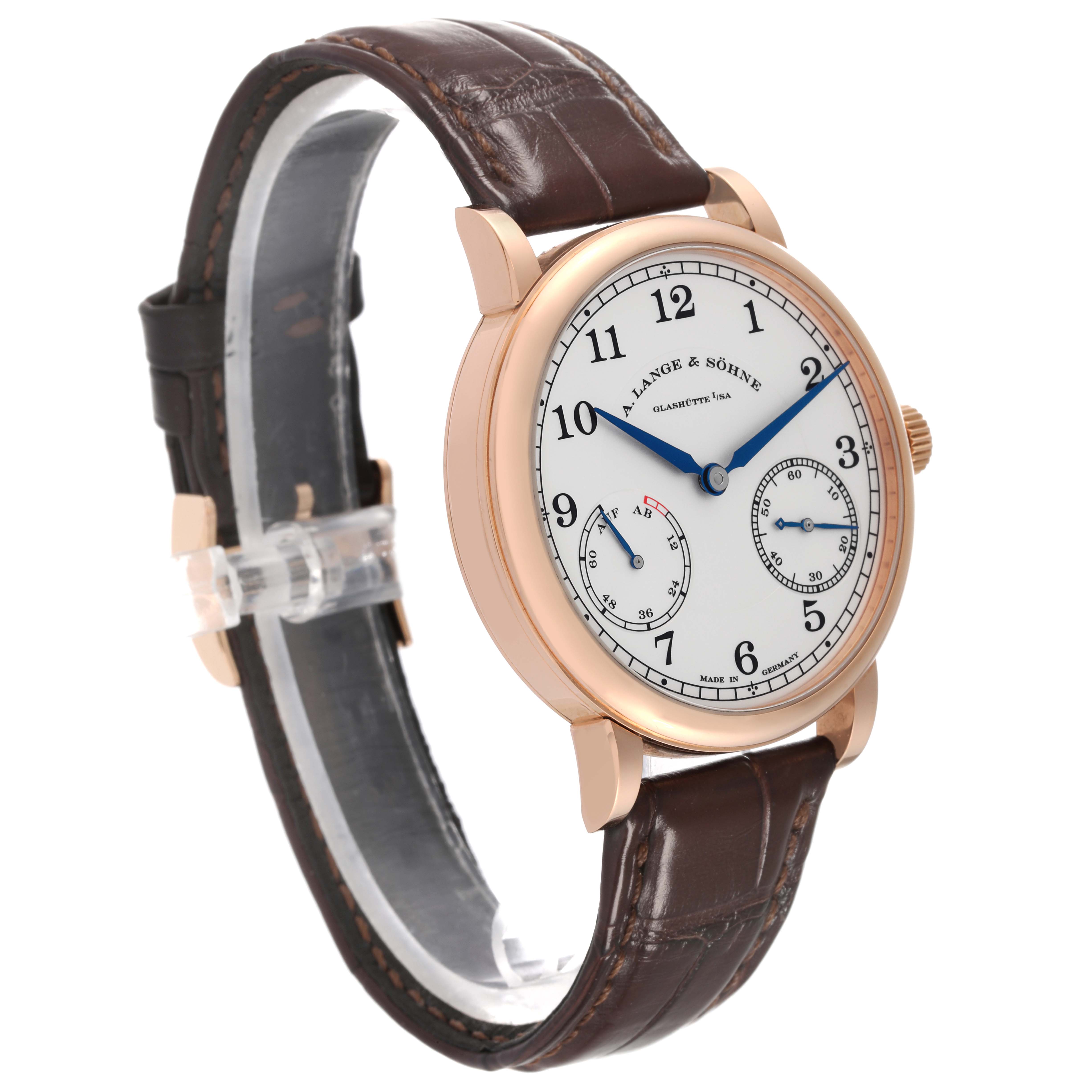 The A. Lange & Sohne 1815 234.032 Men's Rose Gold Silver Dial model watch is shown at an angled view, highlighting its dial, case, crown, and leather strap.