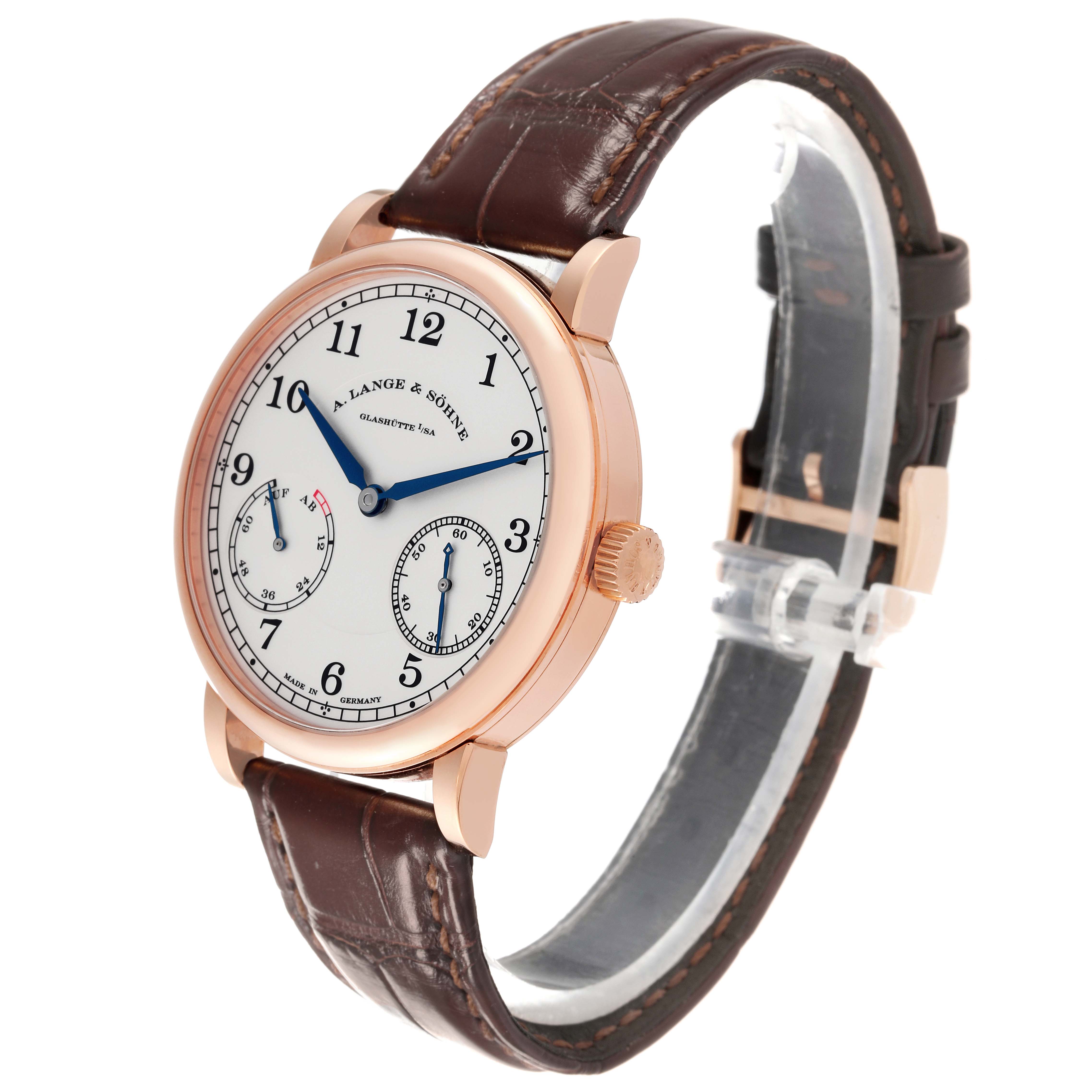 This image shows an A. Lange & Sohne 1815 234.032 Men's Rose Gold Silver Dial watch from a slight front-left angle, displaying its face and brown leather strap.