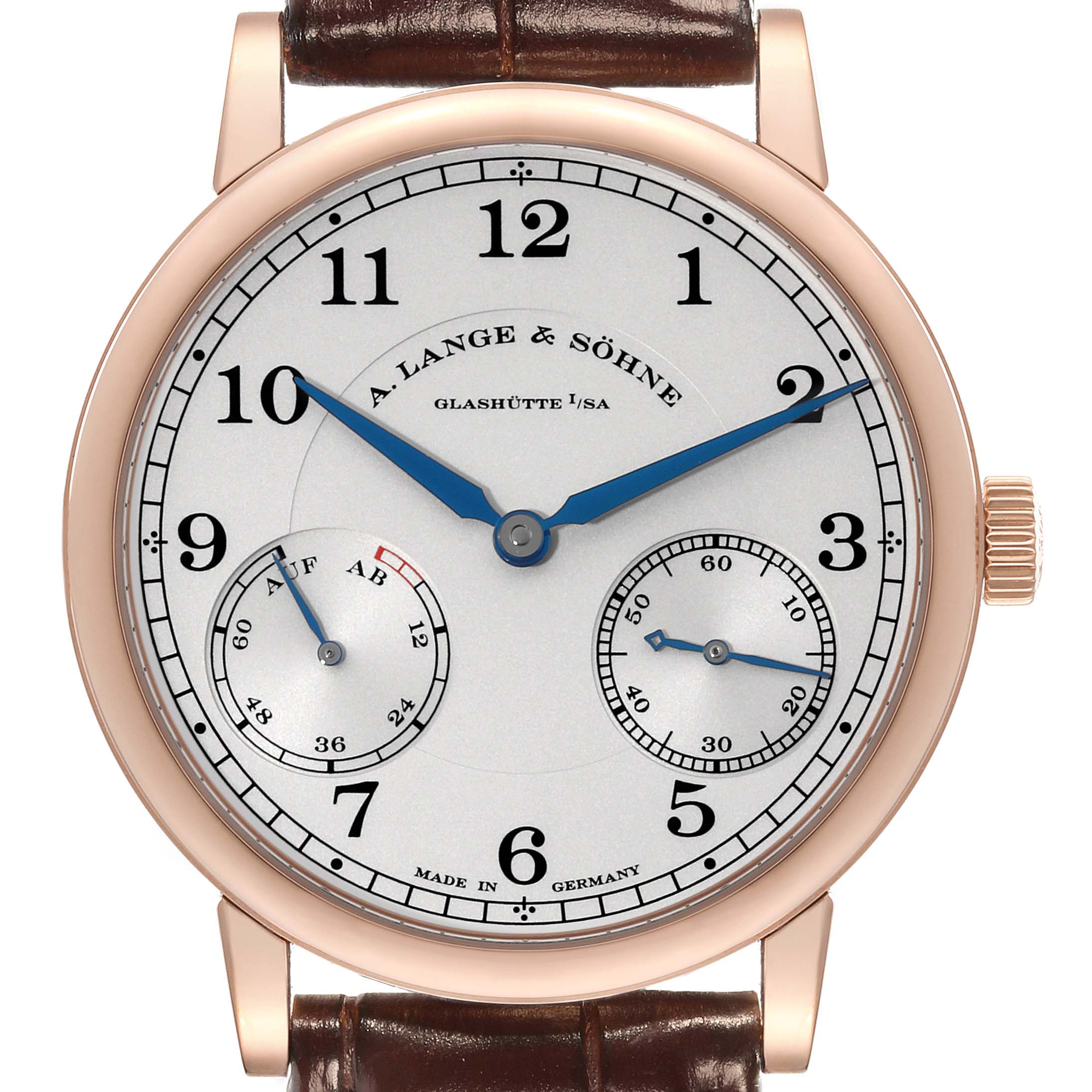This image shows a frontal view of the A. Lange & Sohne 1815 234.032 Men's Rose Gold Silver Dial model watch, displaying its dial, hands, and subdials.