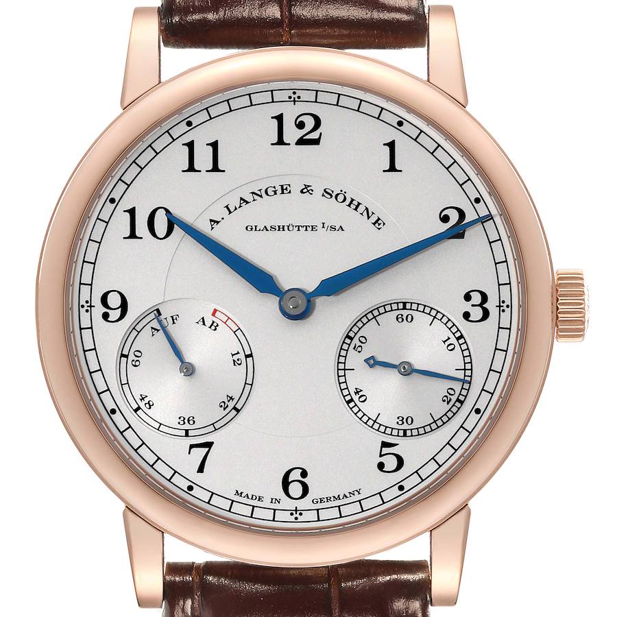 This image shows a frontal view of the A. Lange & Sohne 1815 234.032 Men's Rose Gold Silver Dial model watch, displaying its dial, hands, and subdials.