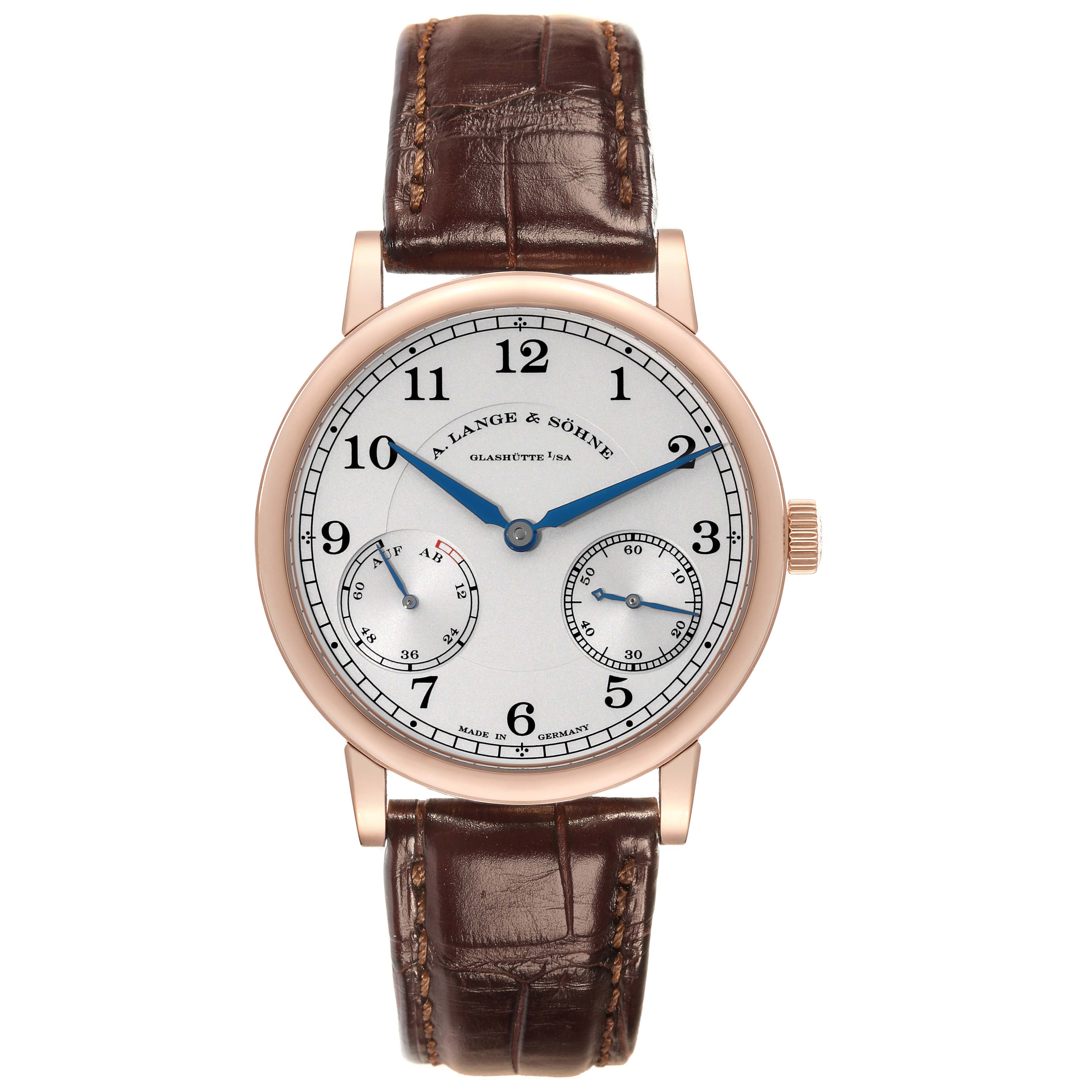 The image shows a front view of an 1815 model by A. Lange & Söhne, featuring its dial and brown leather strap.