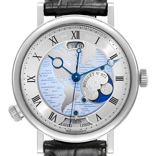 The image shows a front view of the Breguet Classique 5717PT/US/9ZU Men's Platinum Silver Dial 5717PT/US/9ZU Men's Platinum Silver Dial watch face, highlighting its detailed dial and Roman numerals.