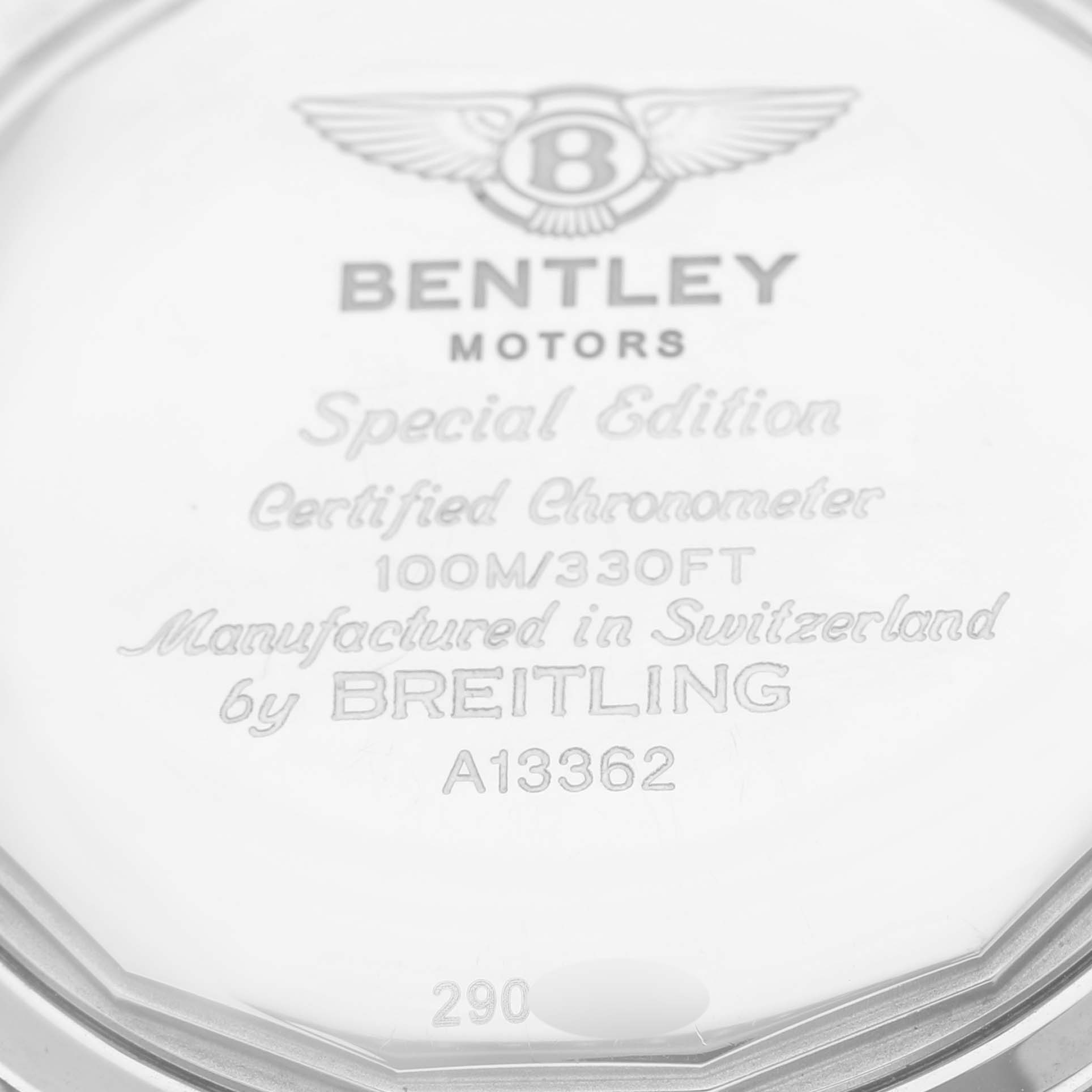The image shows the case back of the Breitling Bentley A1336224/Q614 Men's Stainless Steel Brown Dial A1336224/Q614 Men's Stainless Steel Brown Dial model watch, displaying branding and specifications.