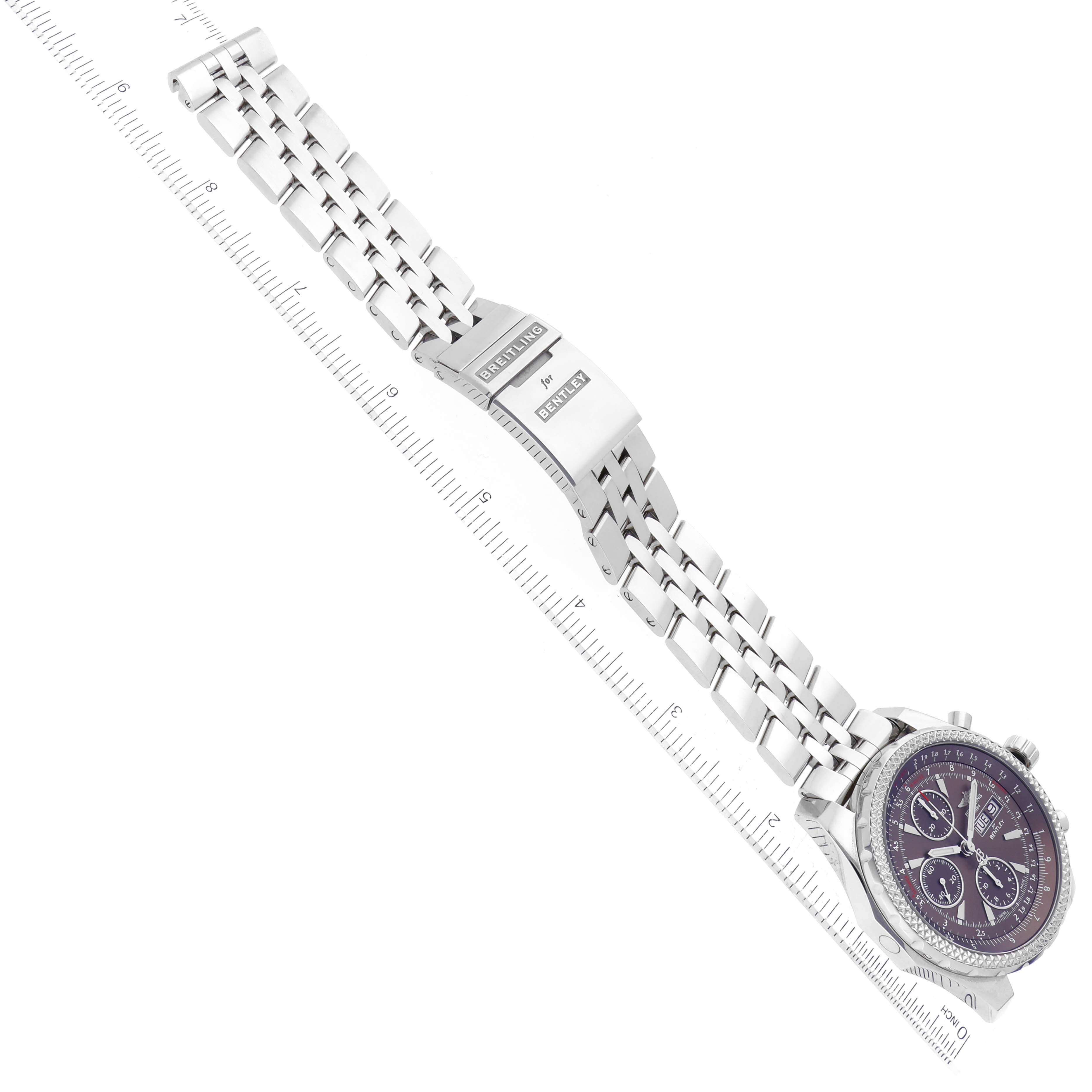 This image shows the full length of the Breitling Bentley A1336224/Q614 Men's Stainless Steel Brown Dial A1336224/Q614 Men's Stainless Steel Brown Dial watch from an overhead angle, highlighting the metal band and clasp.