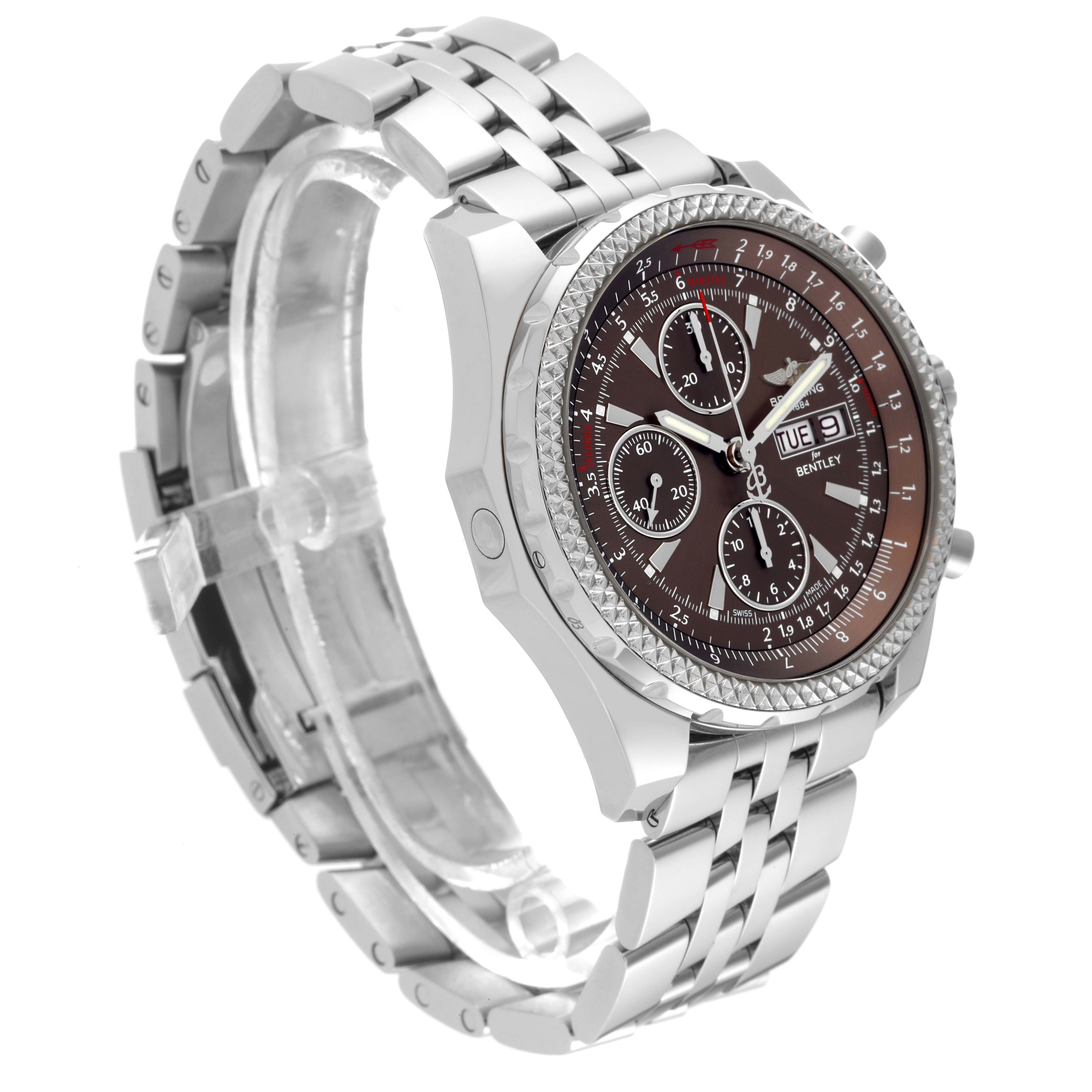 The Breitling Bentley A1336224/Q614 Men's Stainless Steel Brown Dial A1336224/Q614 Men's Stainless Steel Brown Dial model watch is shown at a three-quarters angle, displaying the dial, bezel, and metal bracelet.