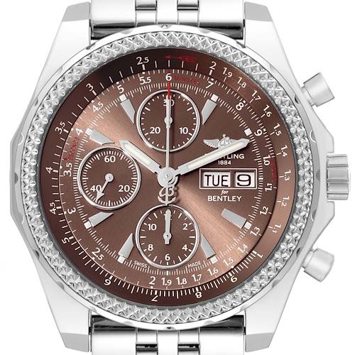 The image shows a front view of a Breitling Bentley A1336224/Q614 Men's Stainless Steel Brown Dial A1336224/Q614 Men's Stainless Steel Brown Dial model watch, highlighting its dial, hands, subdials, and date display.