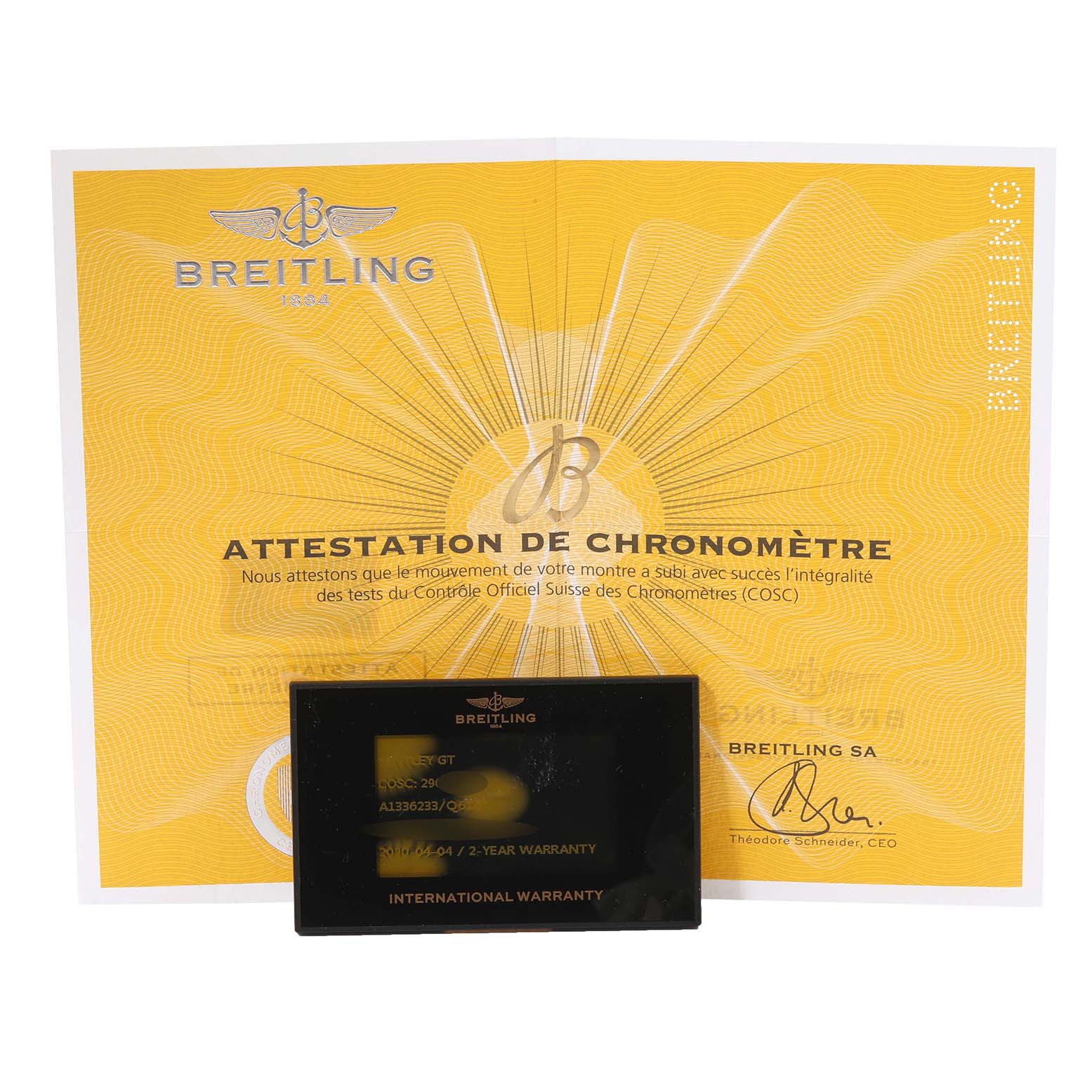 This image shows the certificate and warranty card for a Breitling Bentley A1336224/Q614 Men's Stainless Steel Brown Dial A1336224/Q614 Men's Stainless Steel Brown Dial model watch.