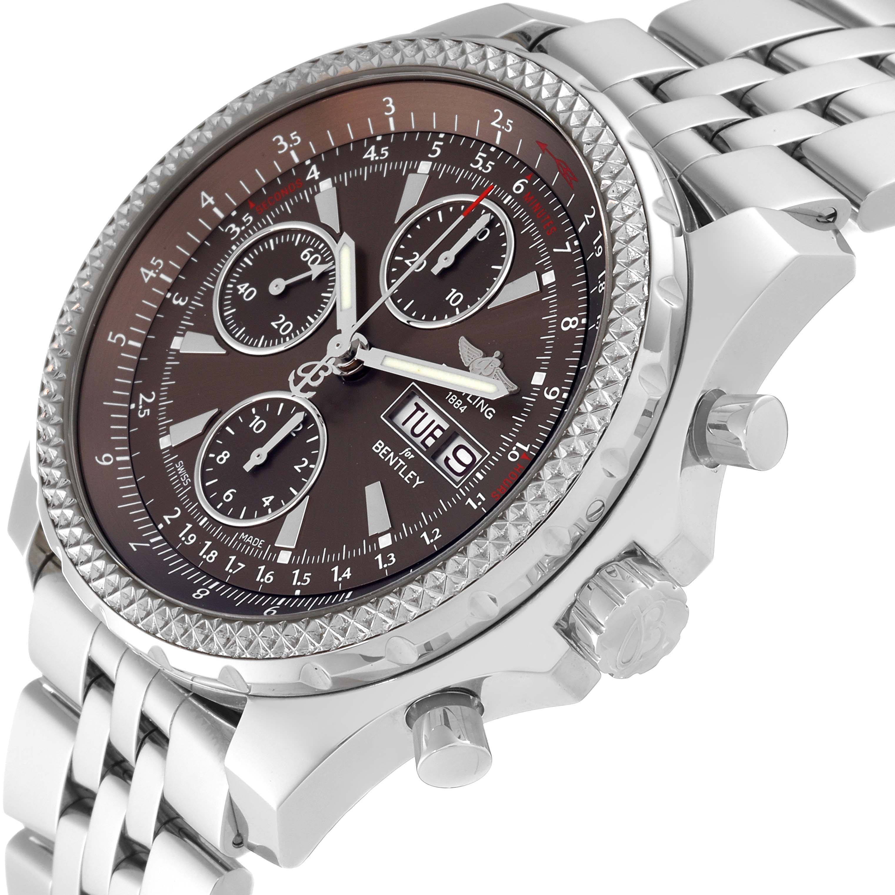 This Breitling Bentley A1336224/Q614 Men's Stainless Steel Brown Dial A1336224/Q614 Men's Stainless Steel Brown Dial watch is shown from a tilted angle, displaying its face, chronograph dials, date window, and part of the metal bracelet.