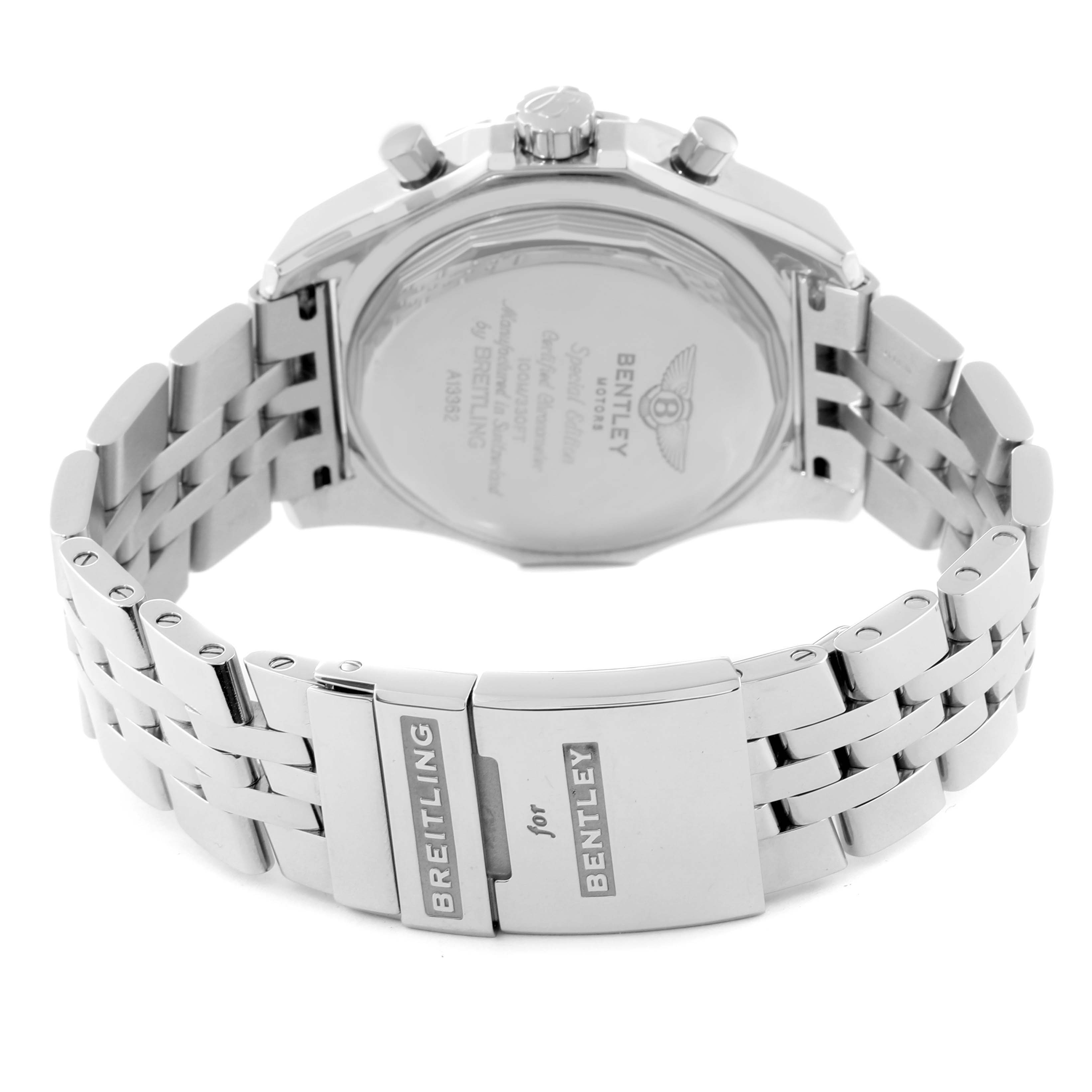 This image shows the back case and bracelet clasp of a Breitling Bentley A1336224/Q614 Men's Stainless Steel Brown Dial A1336224/Q614 Men's Stainless Steel Brown Dial model watch from a rear angle.