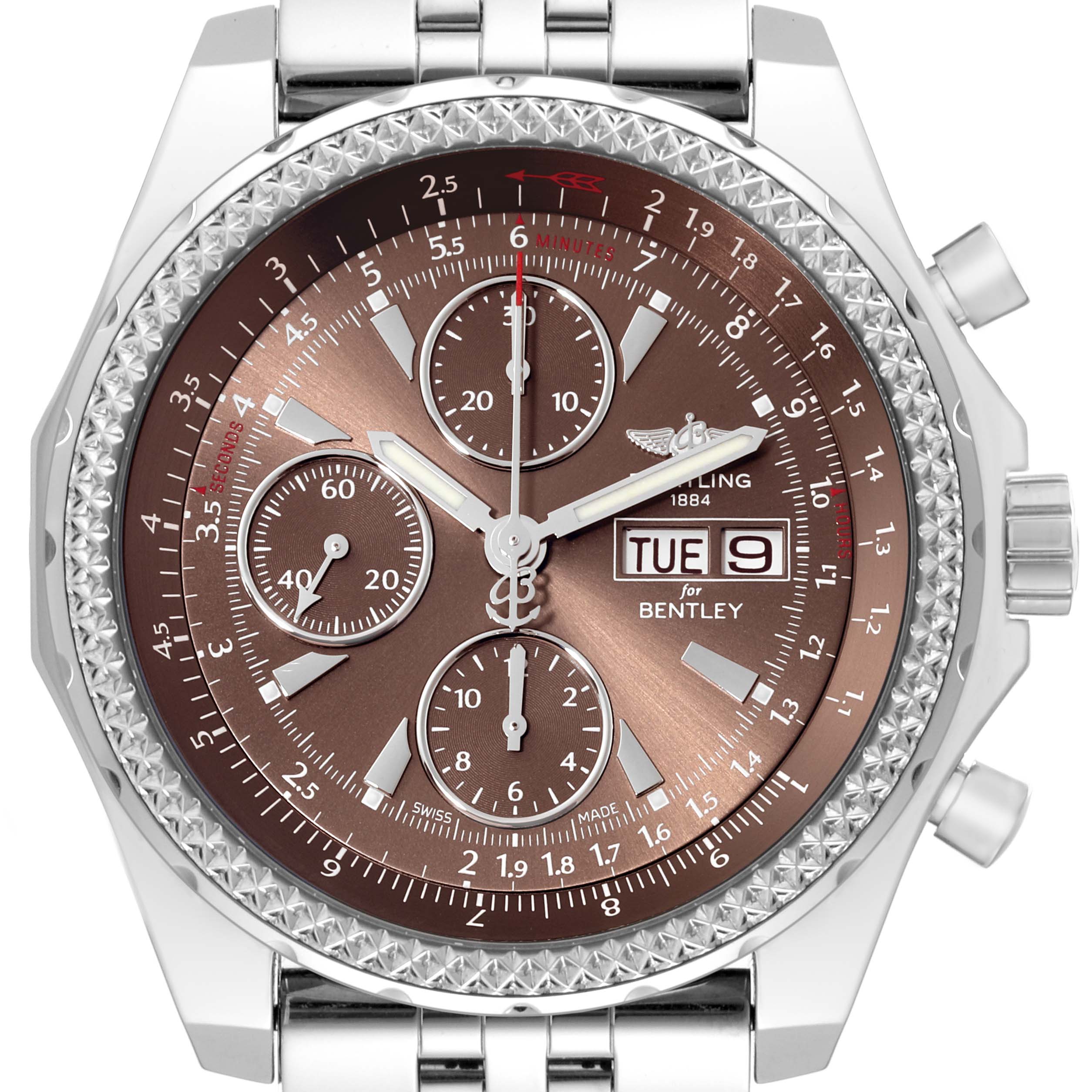 This Breitling Bentley A1336224/Q614 Men's Stainless Steel Brown Dial A1336224/Q614 Men's Stainless Steel Brown Dial model watch is shown from the front angle, displaying its dial, hands, subdials, and part of the bracelet.
