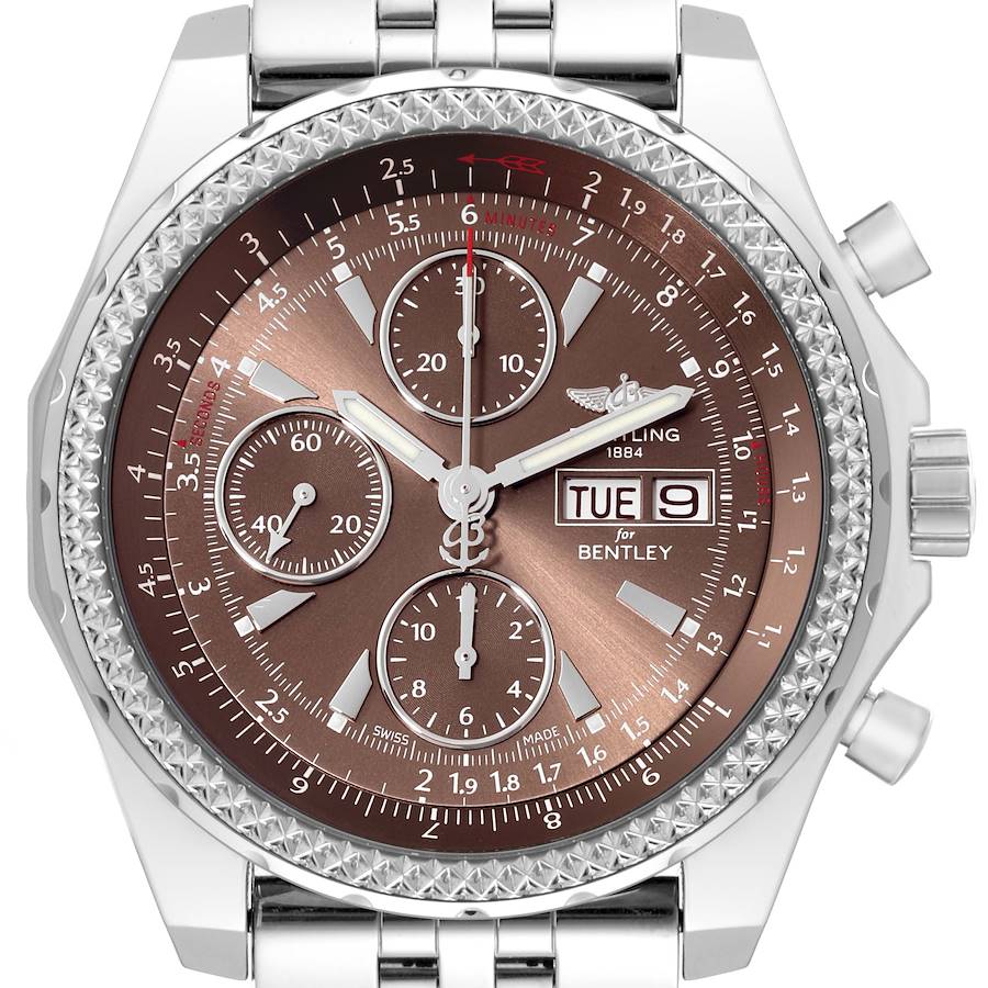 This Breitling Bentley A1336224/Q614 Men's Stainless Steel Brown Dial A1336224/Q614 Men's Stainless Steel Brown Dial model watch is shown from the front angle, displaying its dial, hands, subdials, and part of the bracelet.